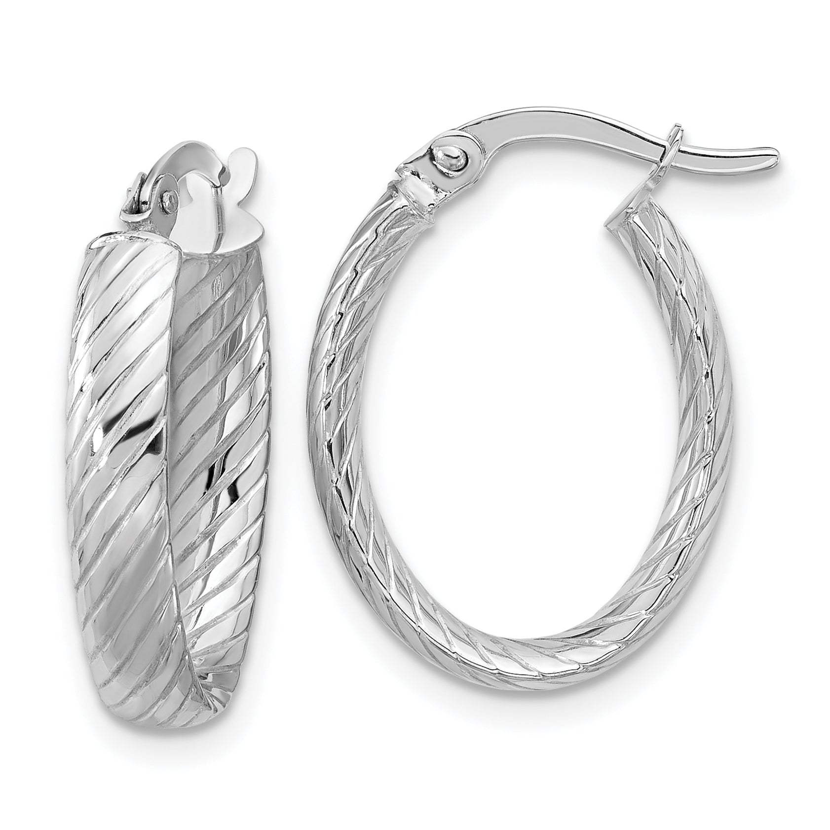 14K White Gold Polished and Grooved Oval Hoop Earrings Main image