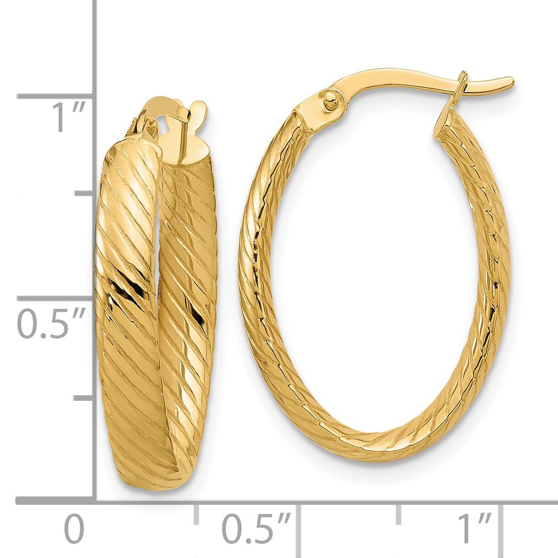 14K Polished and Grooved Oval Hoop Earrings