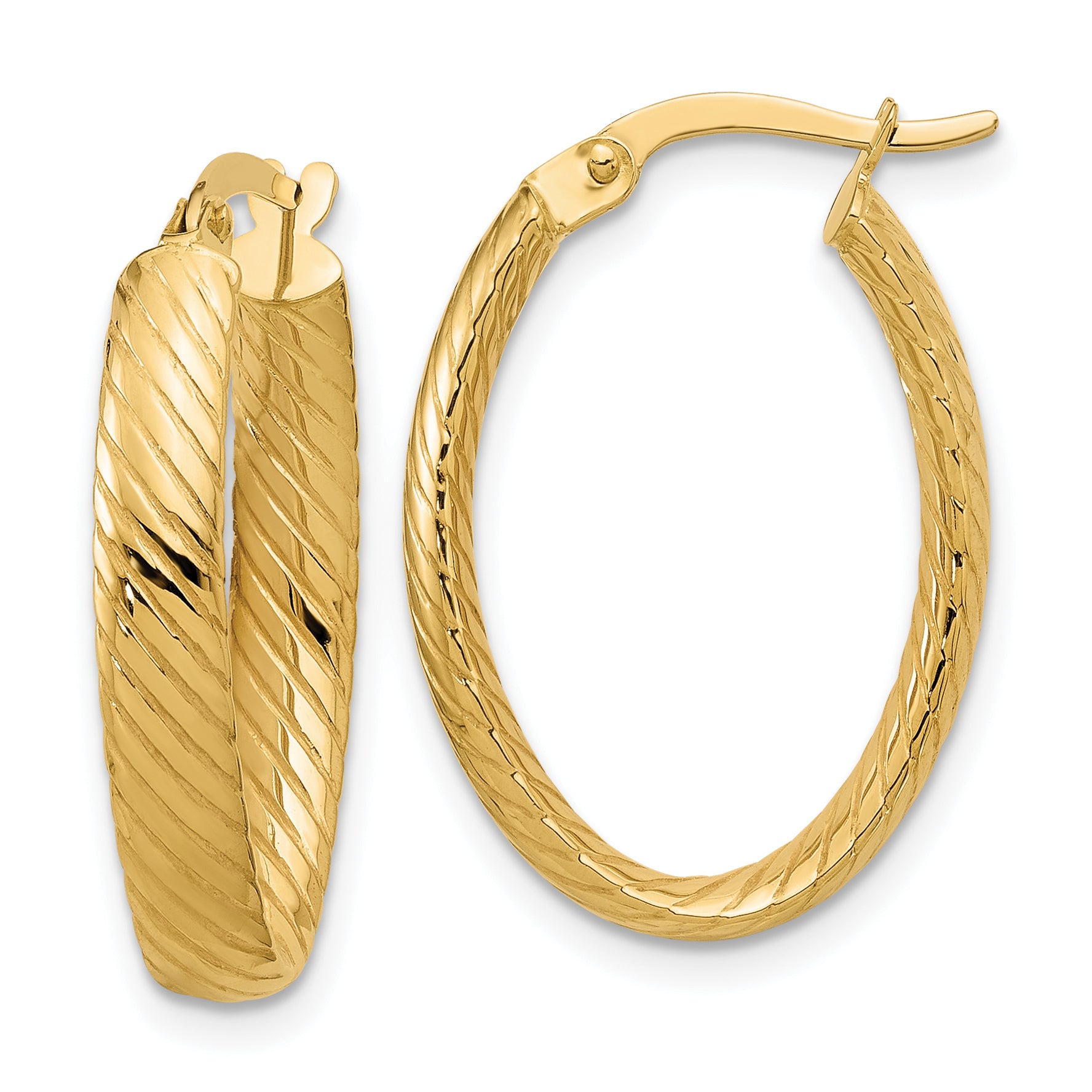 14K Polished and Grooved Oval Hoop Earrings Main image