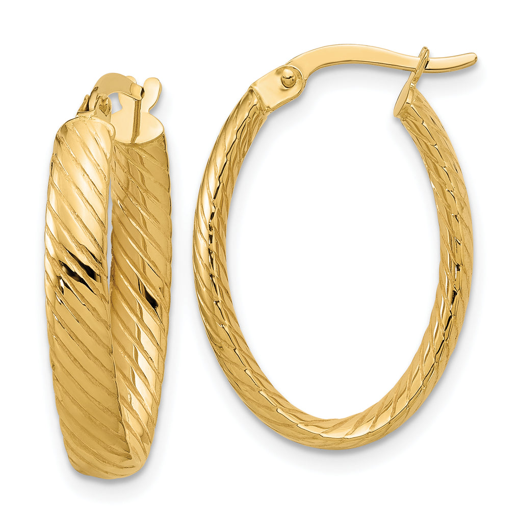 14K Polished and Grooved Oval Hoop Earrings