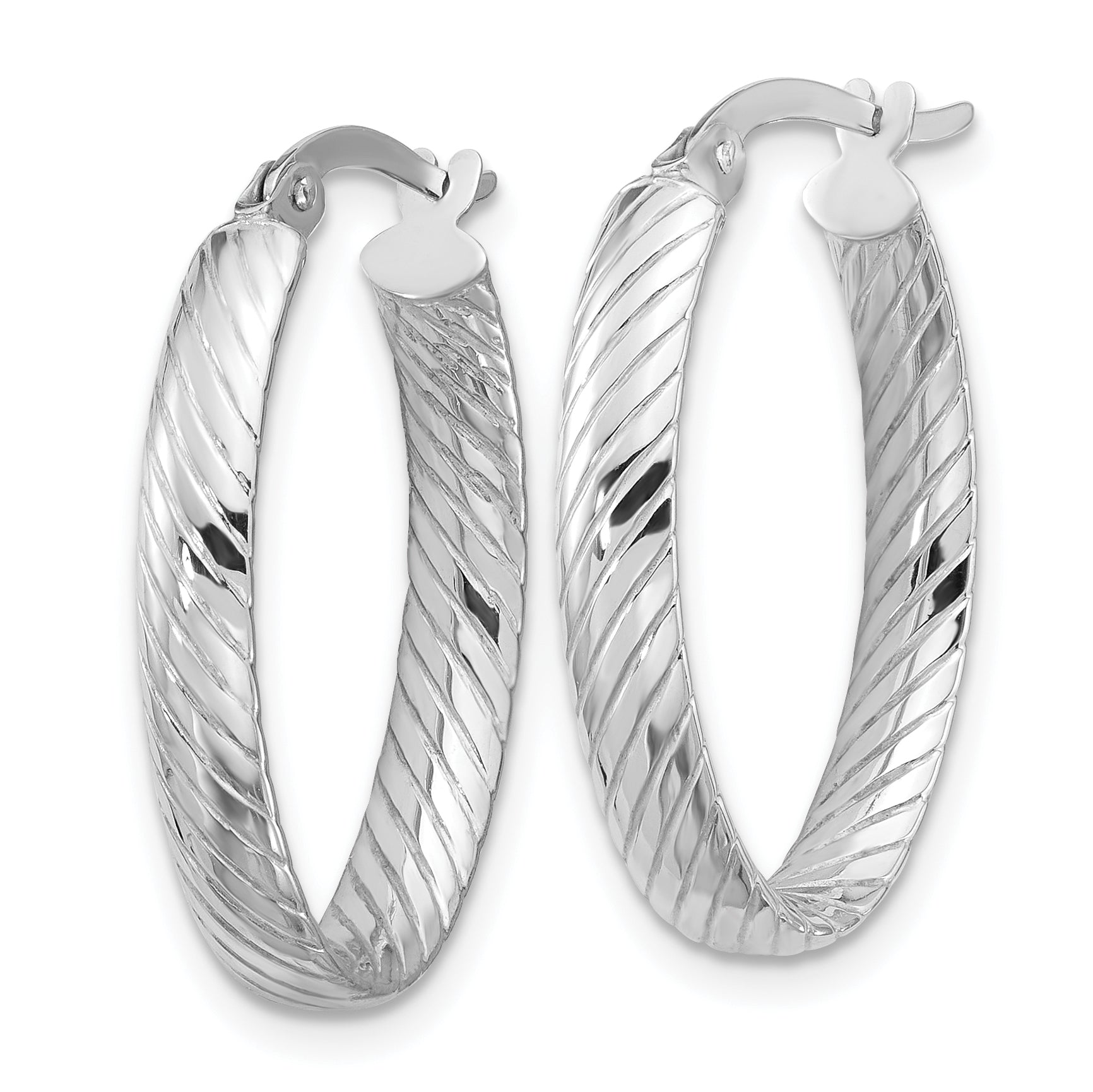 14K White Gold Polished and Grooved Oval Hoop Earrings