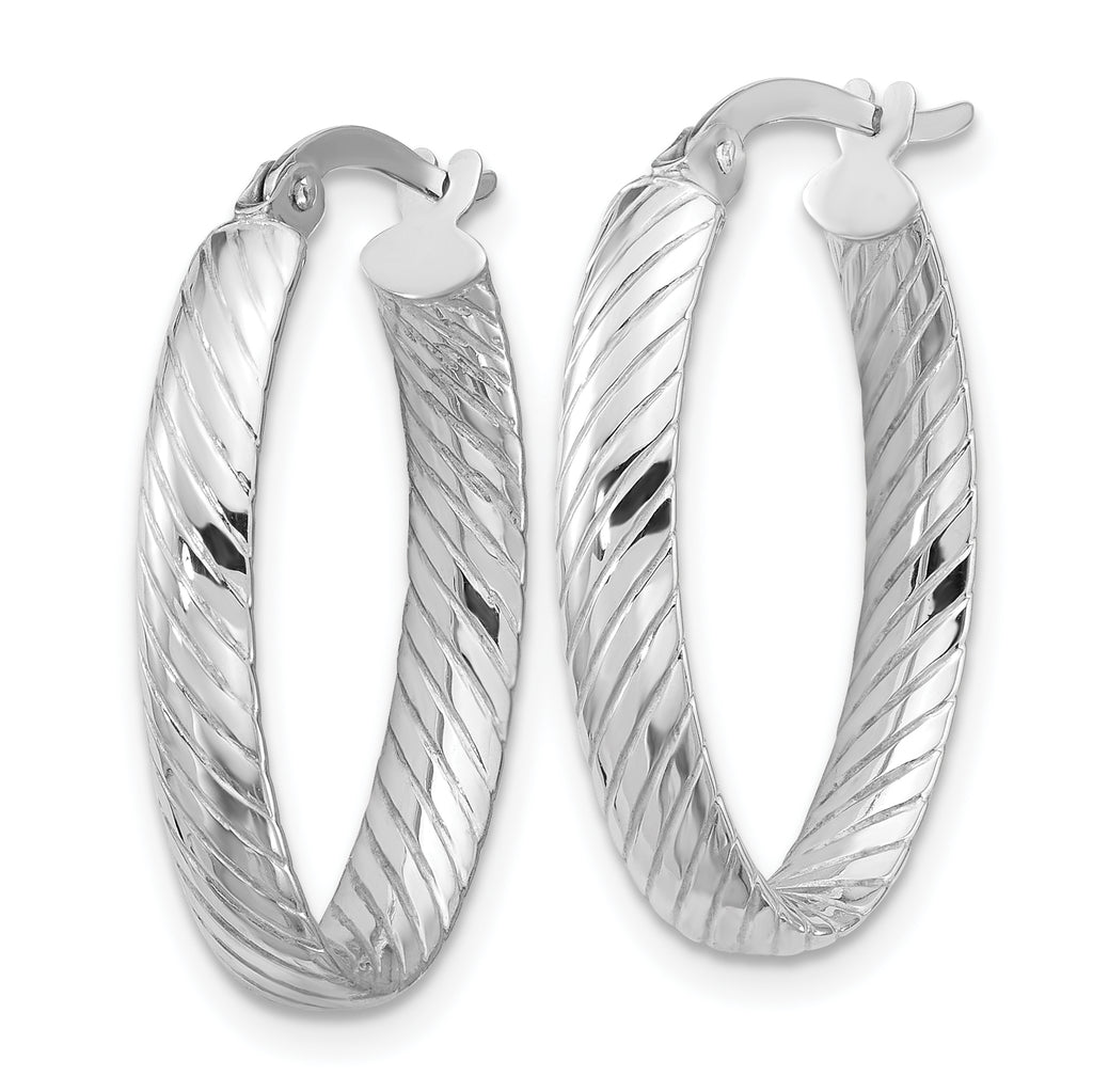 14K White Gold Polished and Grooved Oval Hoop Earrings