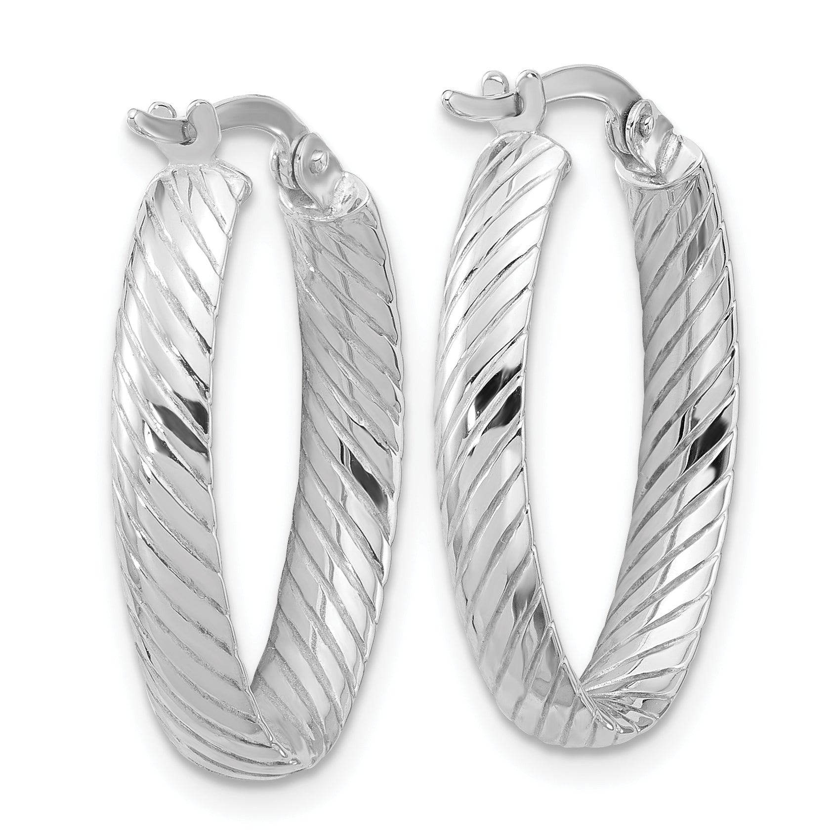 14K White Gold Polished and Grooved Oval Hoop Earrings