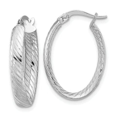 14K White Gold Polished and Grooved Oval Hoop Earrings
