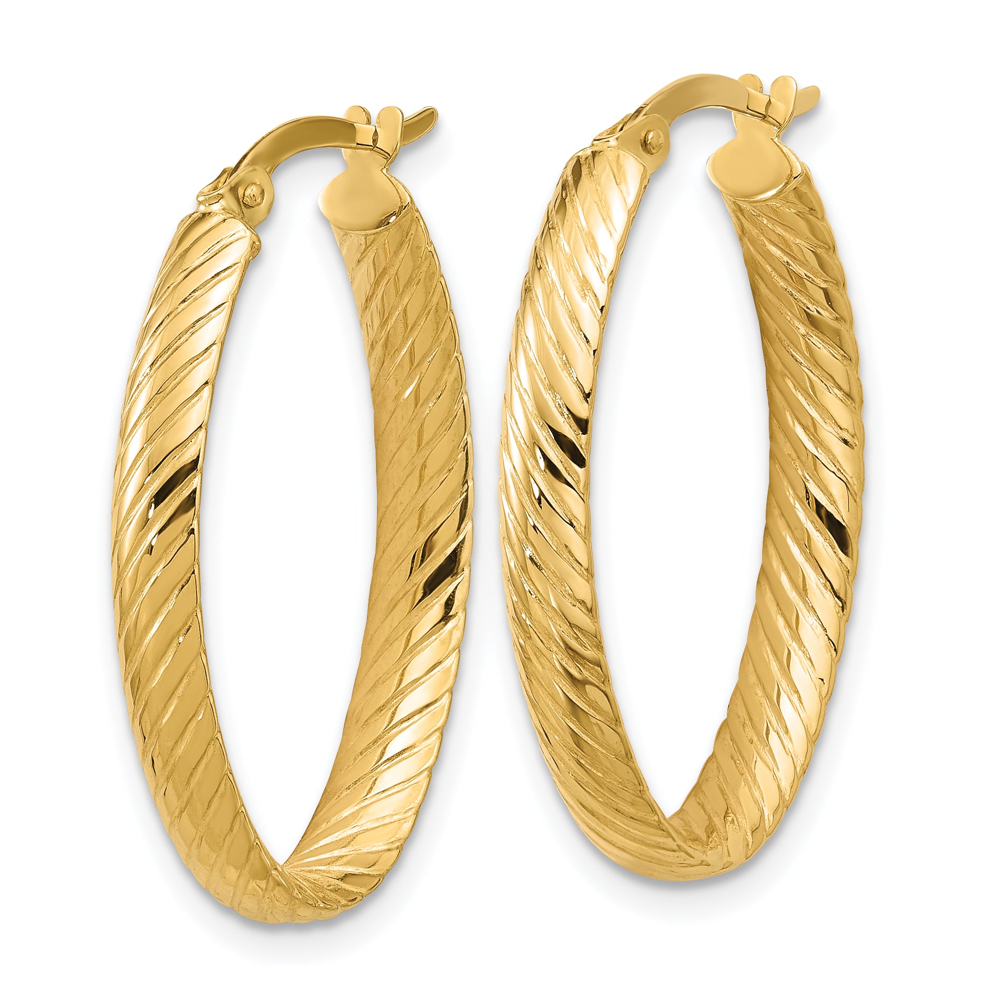 14K Polished and Grooved Oval Hoop Earrings Secondary image
