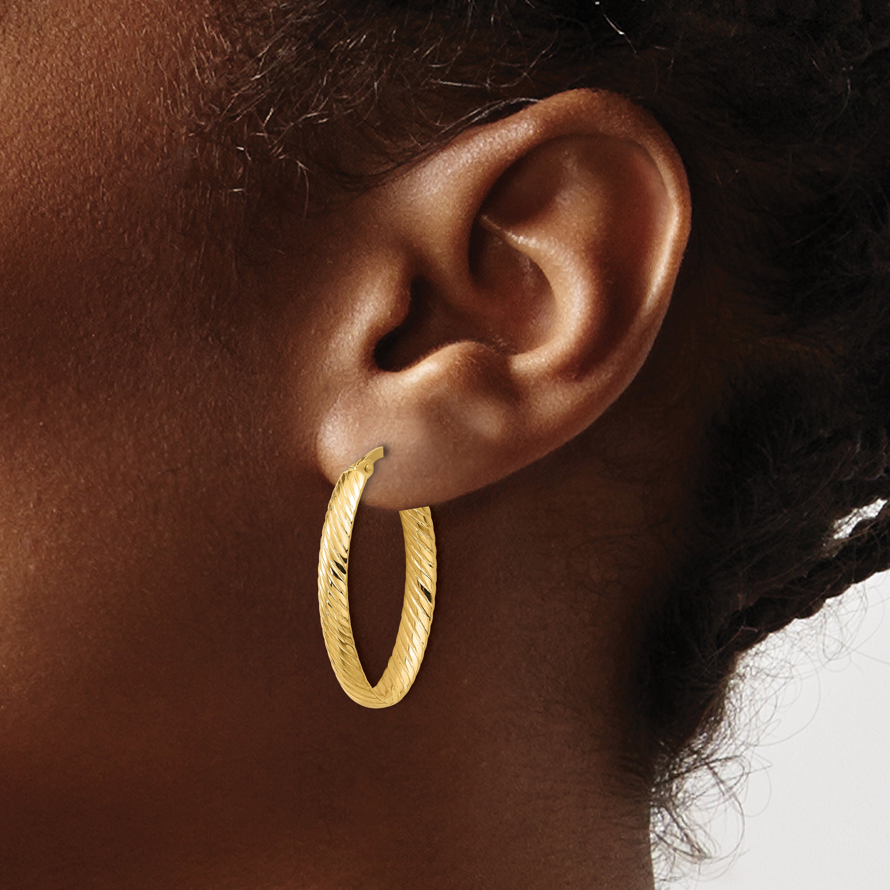 14K Polished and Grooved Oval Hoop Earrings