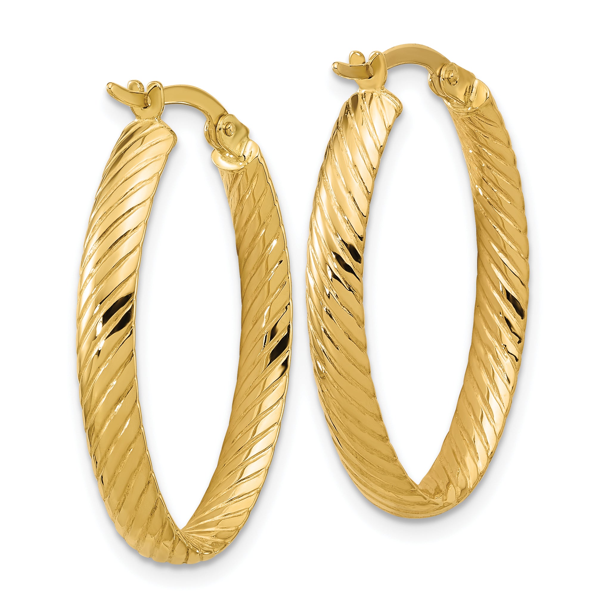 14K Polished and Grooved Oval Hoop Earrings