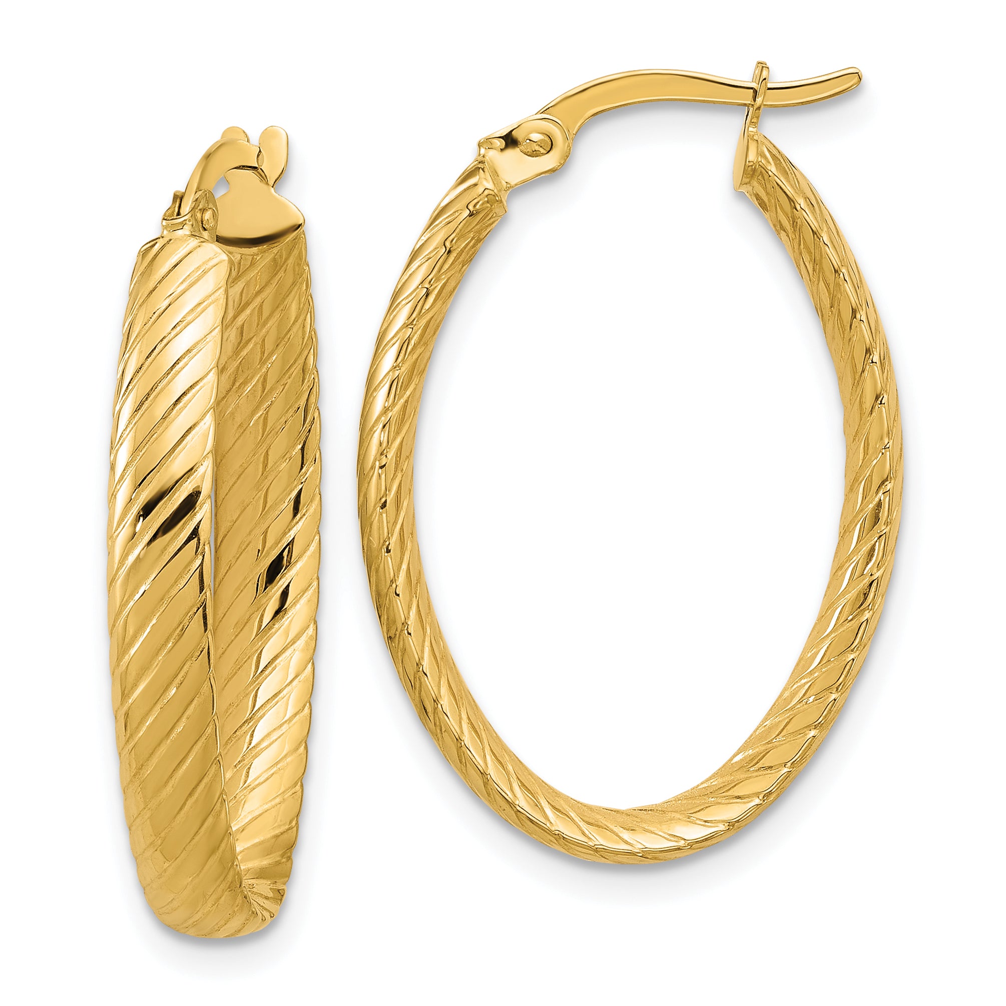 14K Polished and Grooved Oval Hoop Earrings