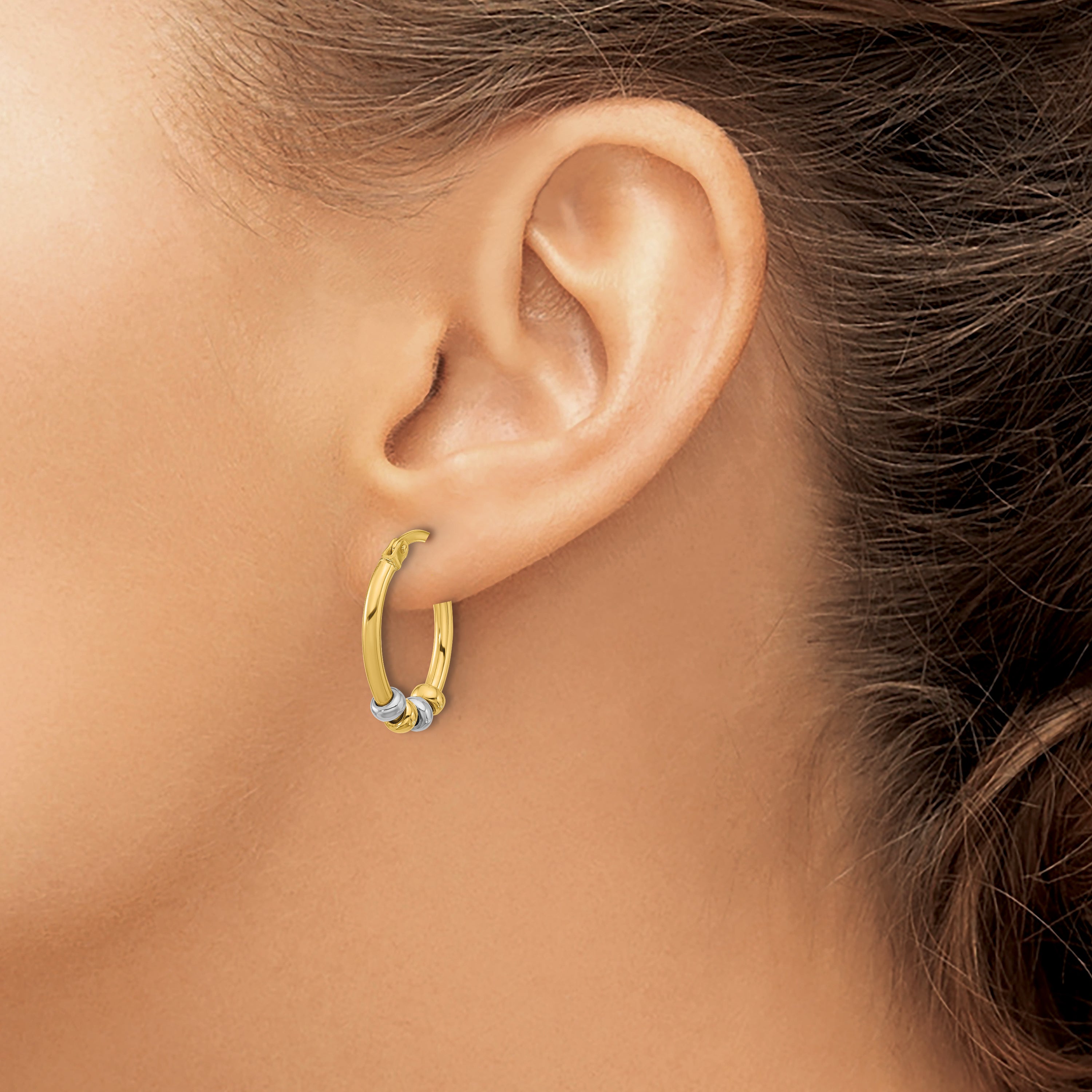 14K Two-tone Polished with Beads Oval Hoop Earrings