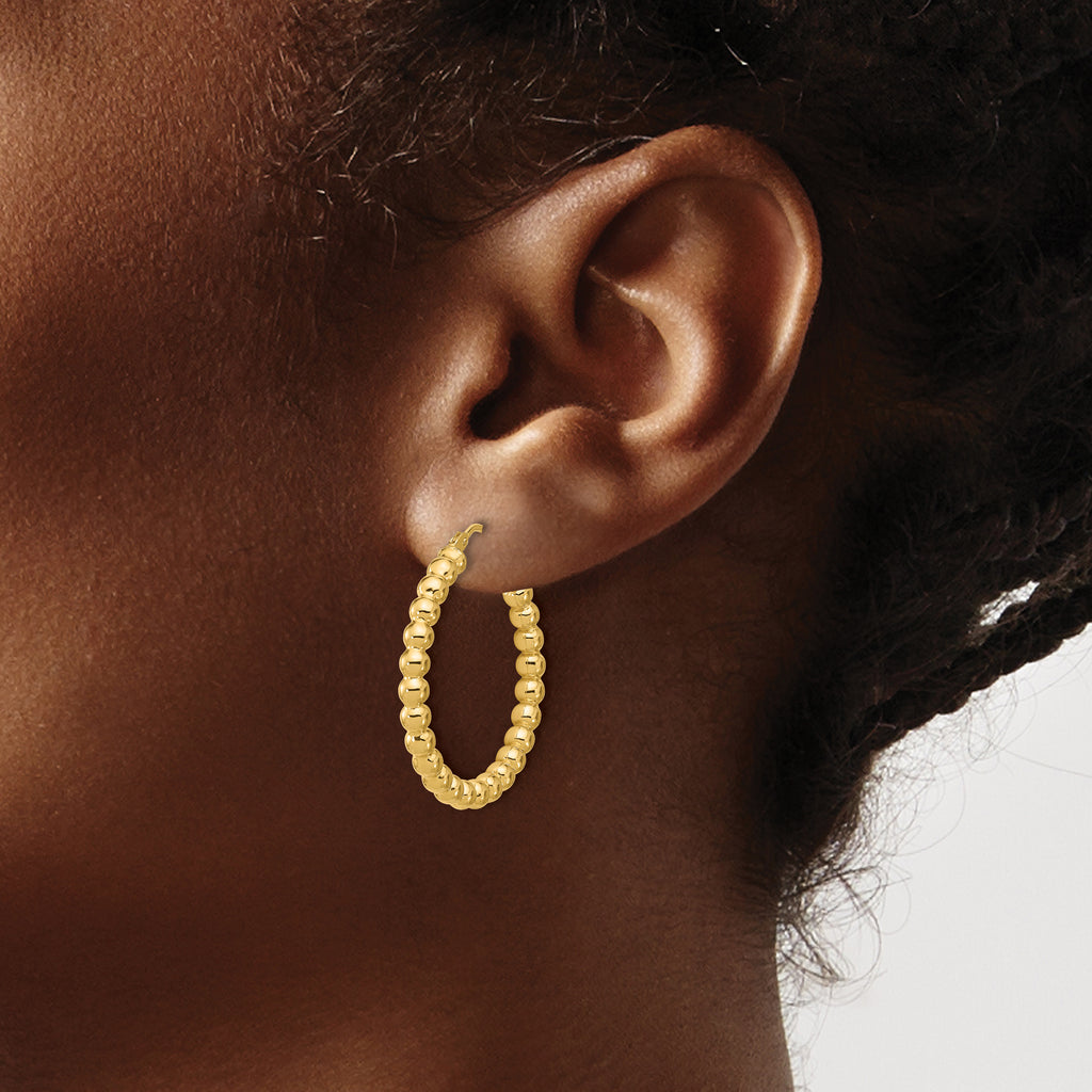 14K Polished Beaded Round Hoop Earrings