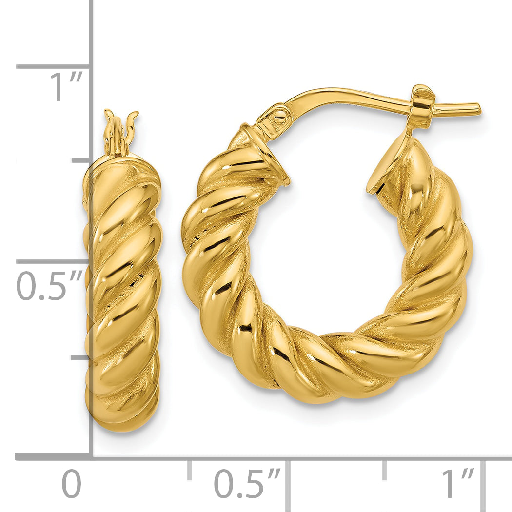 14K Polished and Twisted Round Hoop Earrings