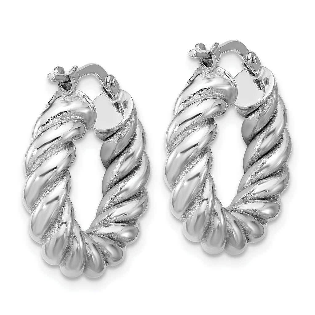 14K w/White RH-plat Polished/Twisted Round Hoop Earrings