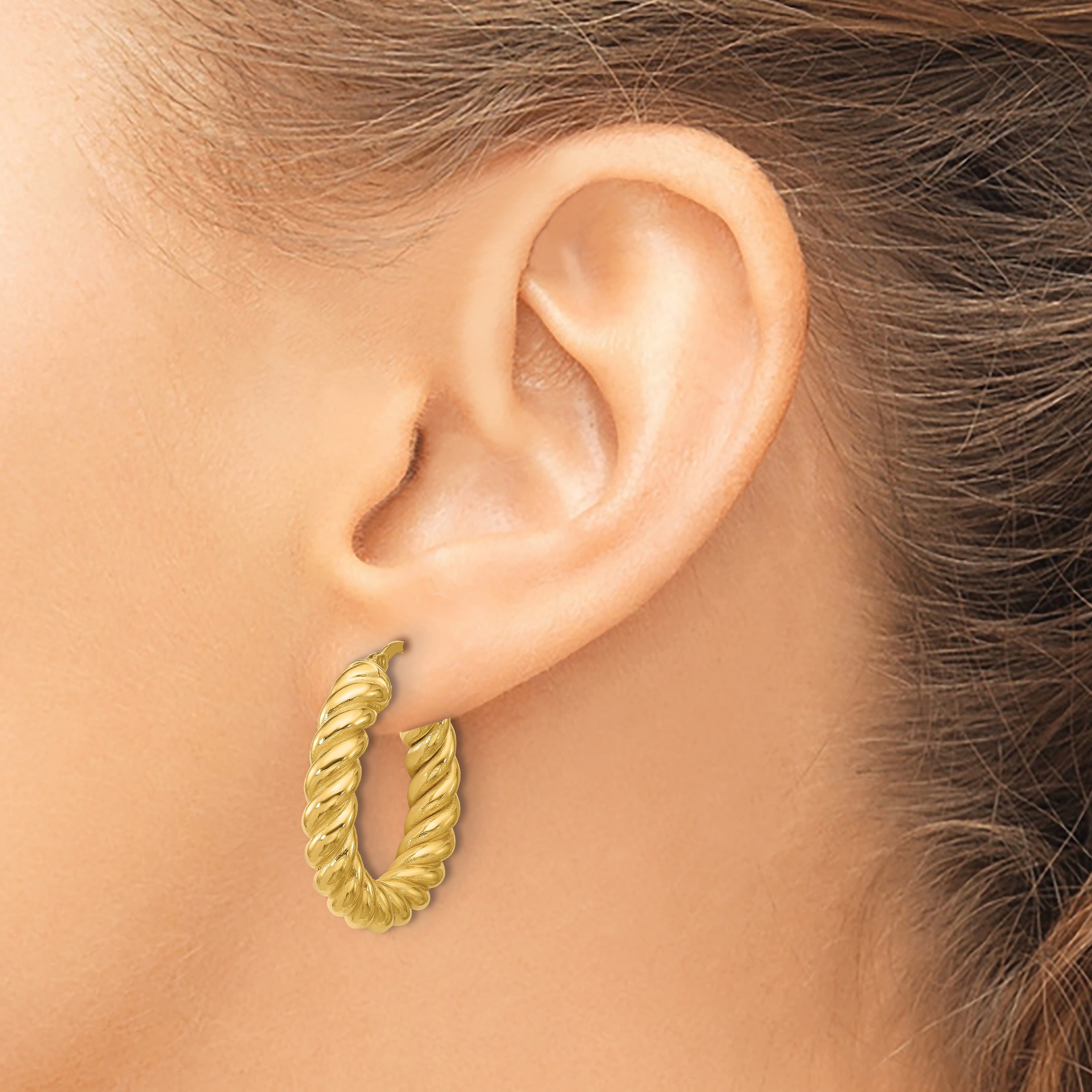 14K Polished and Twisted Round Hoop Earrings