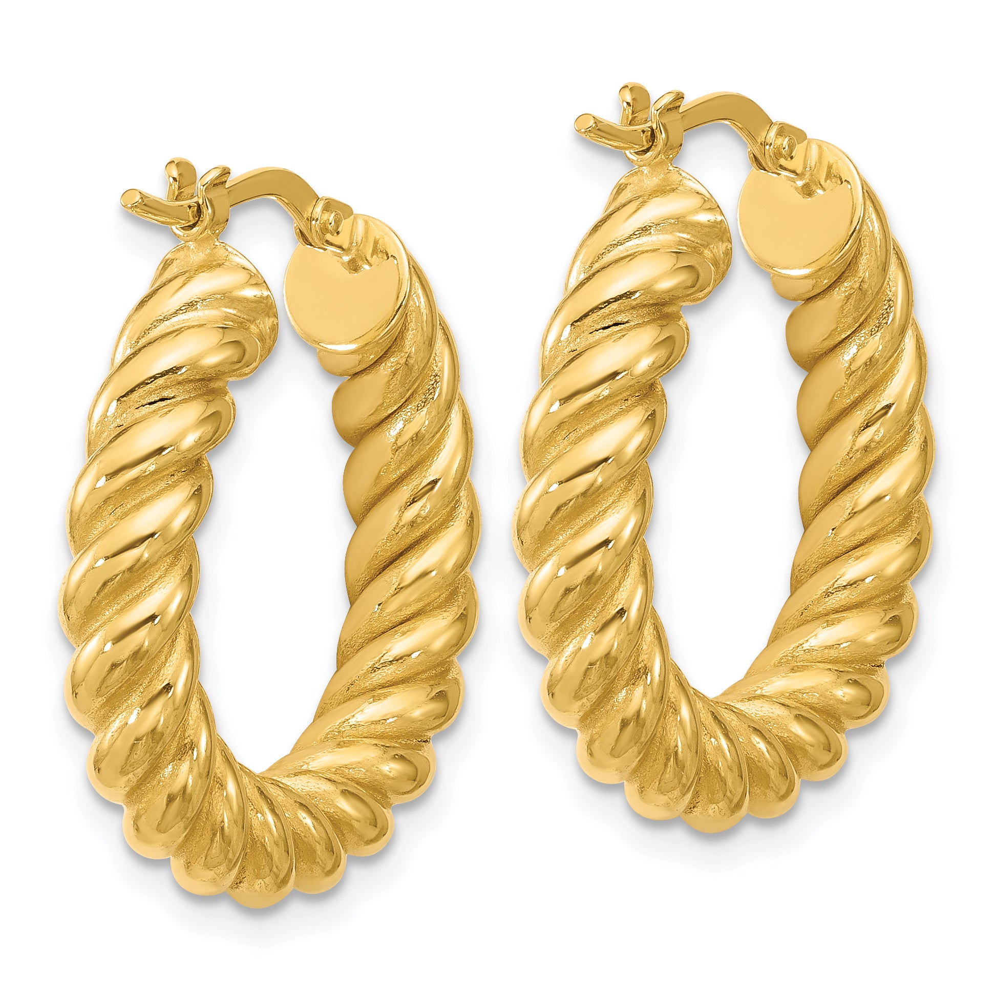 14K Polished and Twisted Round Hoop Earrings