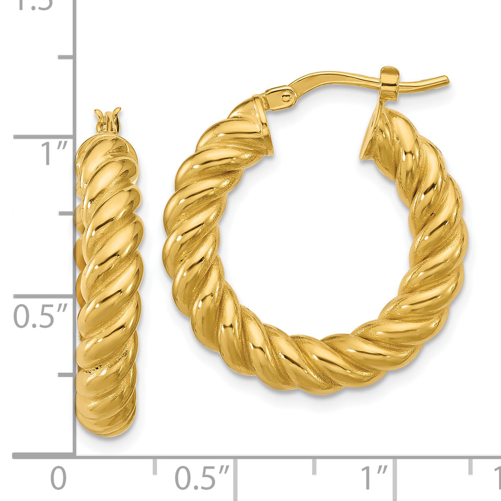 14K Polished and Twisted Round Hoop Earrings