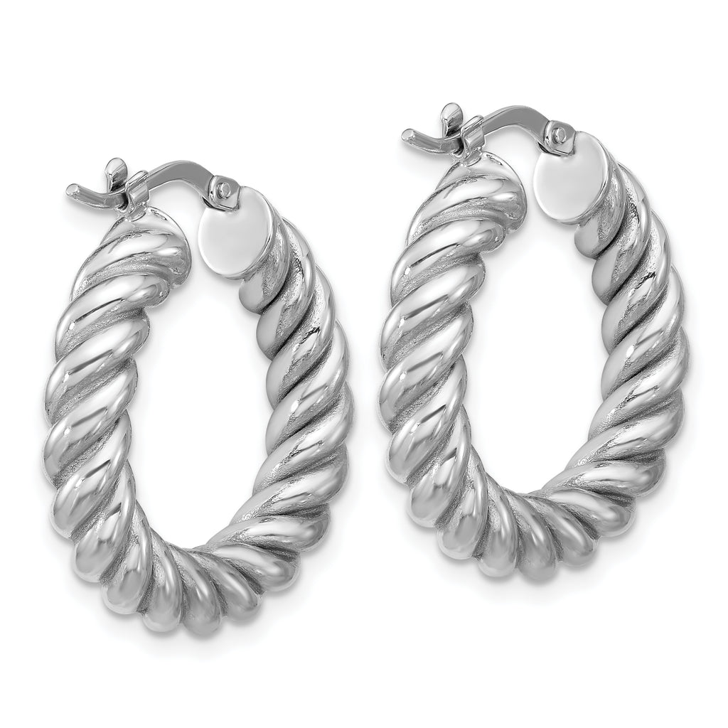 14K w/White RH-plat Polished/Twisted Round Hoop Earrings