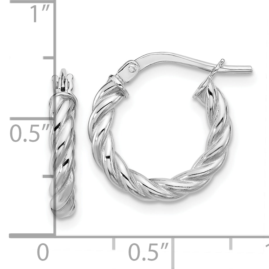 14K w/White RH-plat Polished/Twisted Round Hoop Earrings