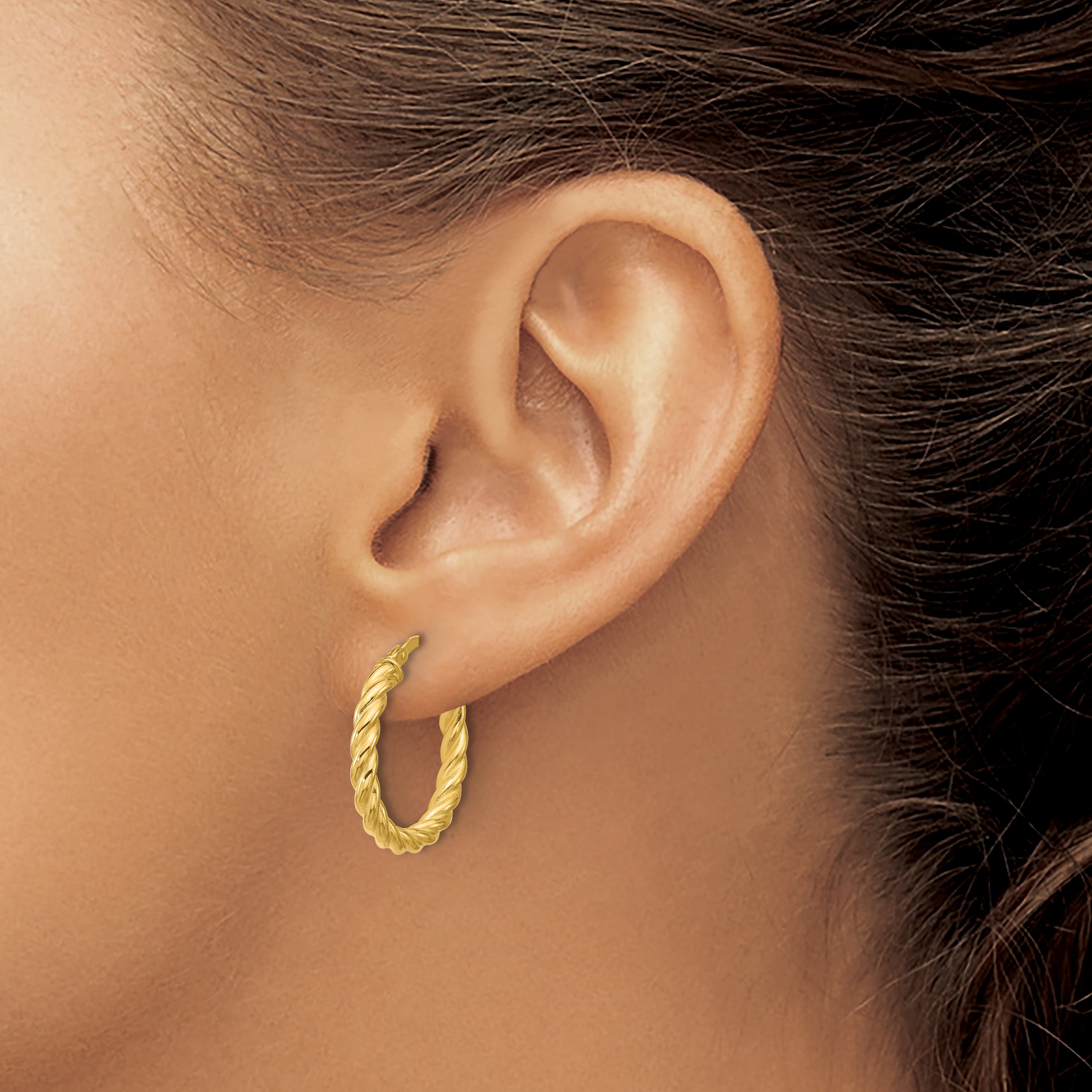 14K Polished and Twisted Round Hoop Earrings