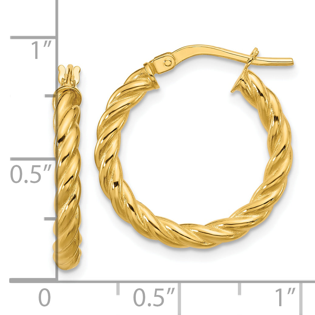14K Polished and Twisted Round Hoop Earrings
