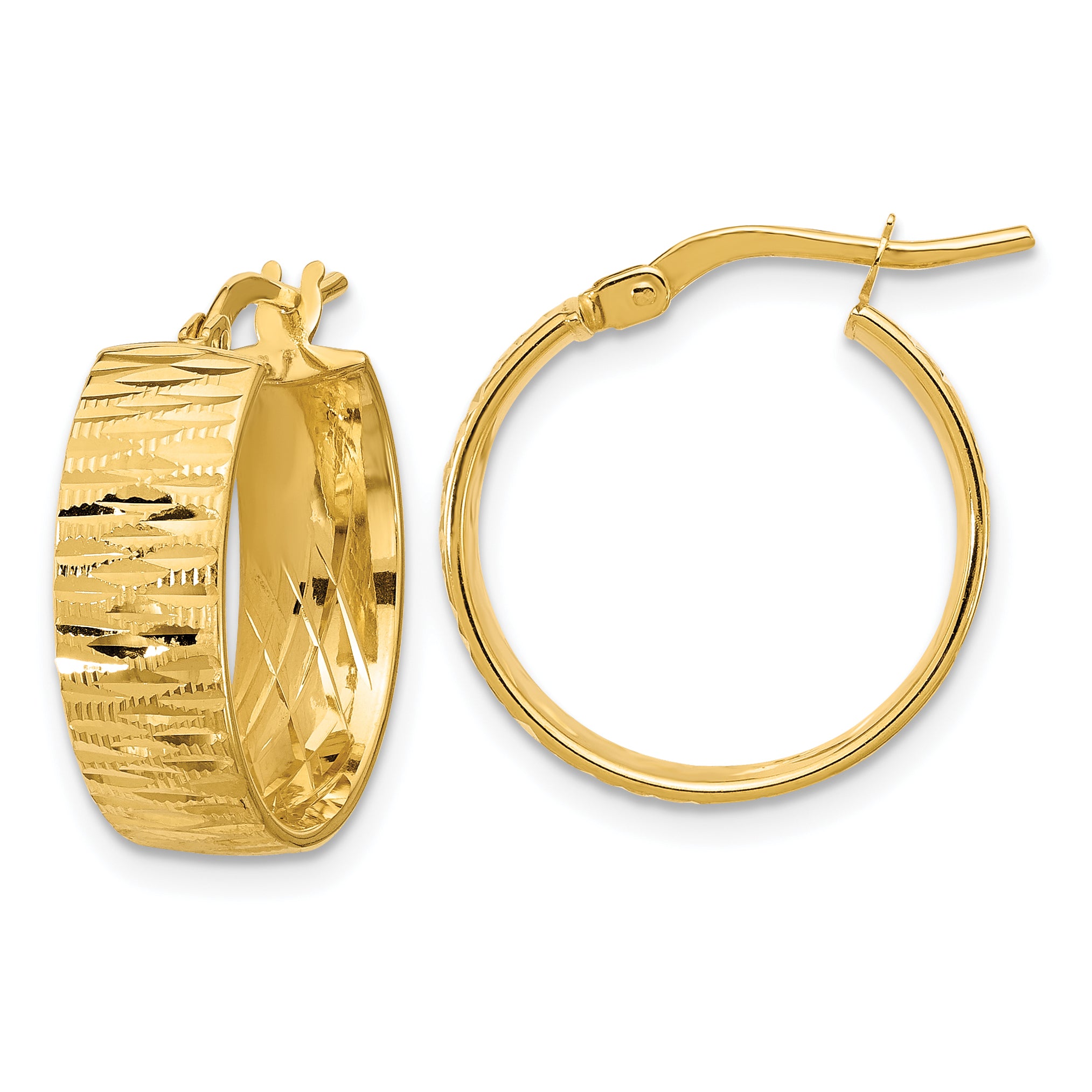 14K Polished and Diamond-cut Round Hoop Earrings
