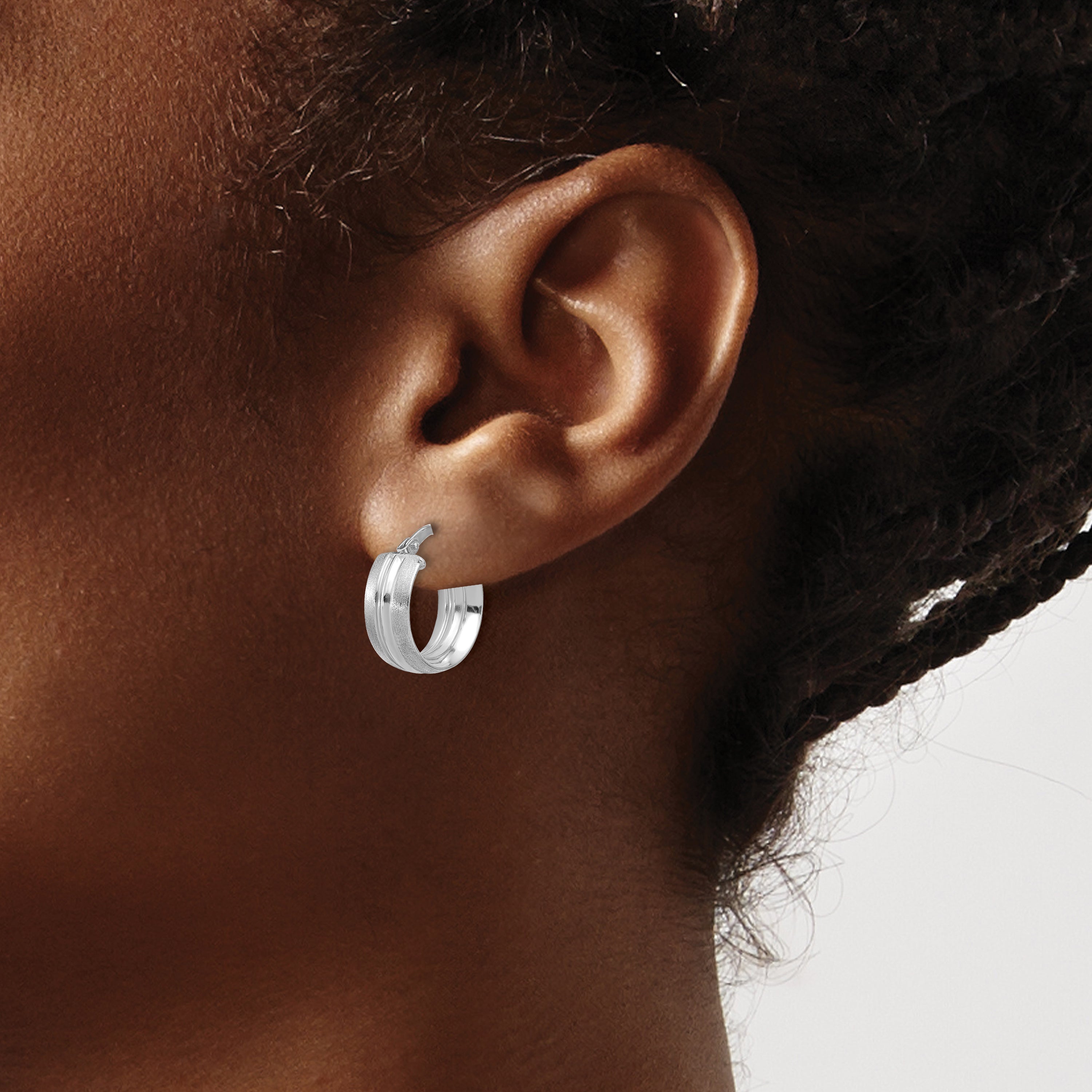 14K White Gold Polished and Satin Round Hoop Earrings