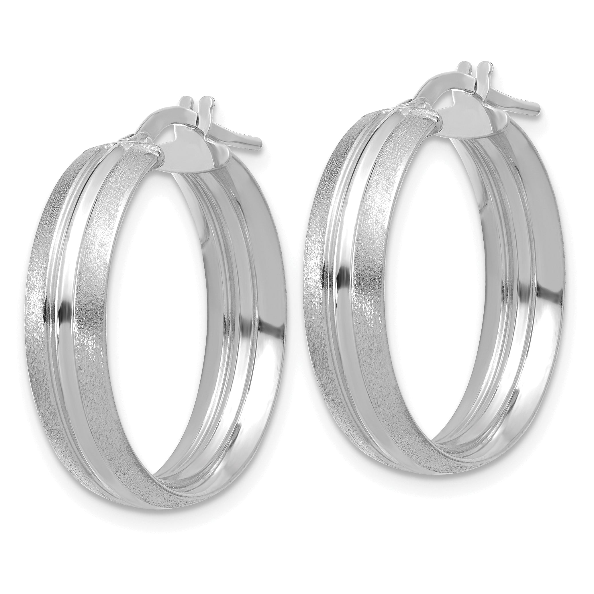 14K White Gold Polished and Satin Round Hoop Earrings