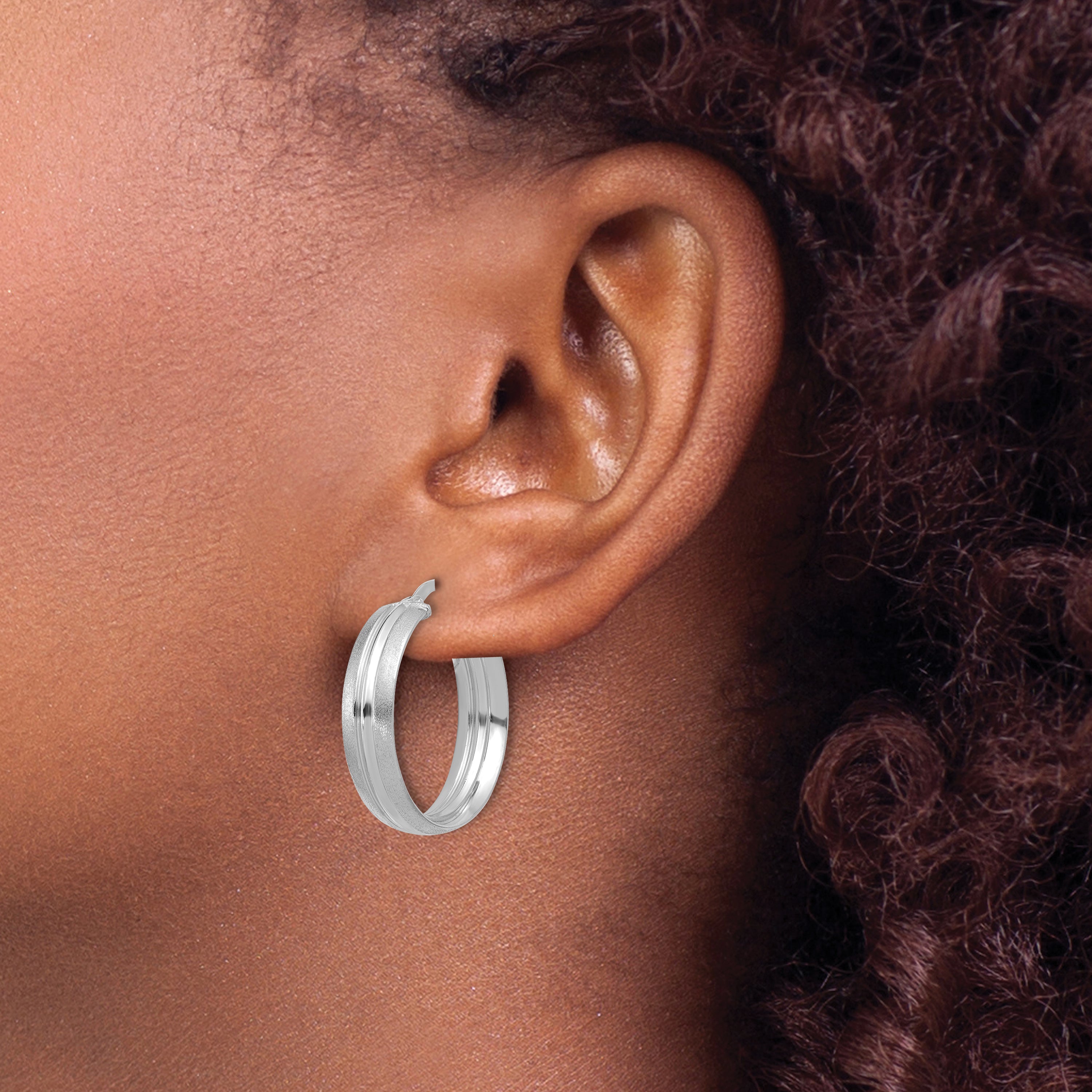 14K White Gold Polished and Satin Round Hoop Earrings