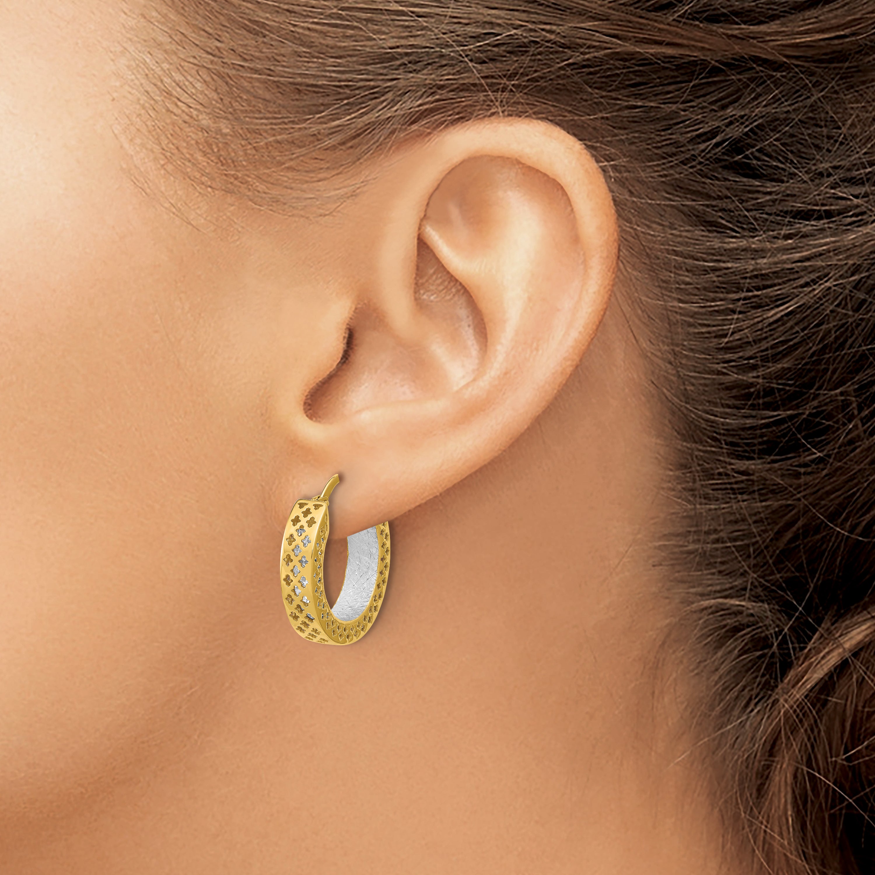 14K Two-tone Polished and Diamond-cut Hoop Earrings