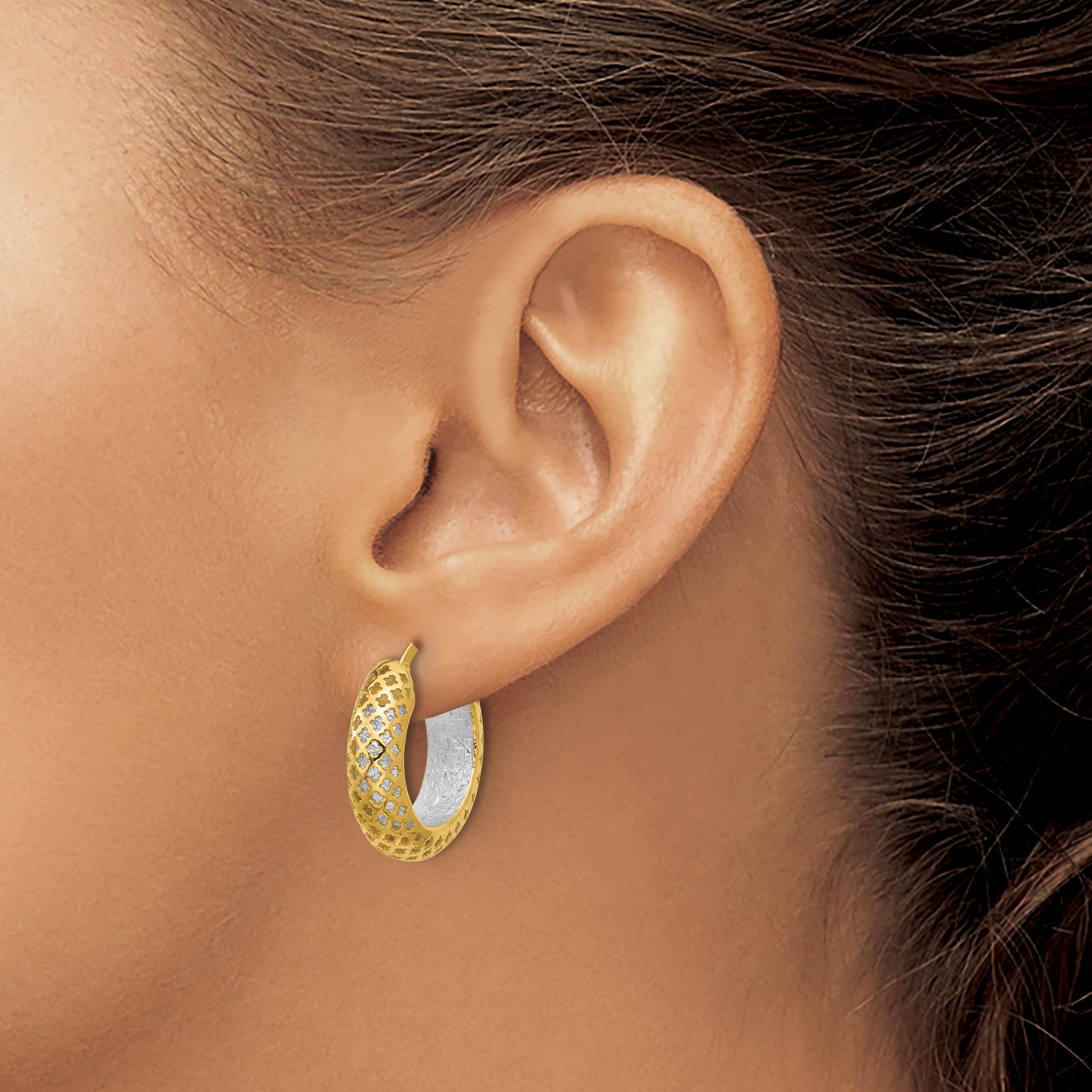 14K Two-tone Polished and Diamond-cut Hoop Earrings