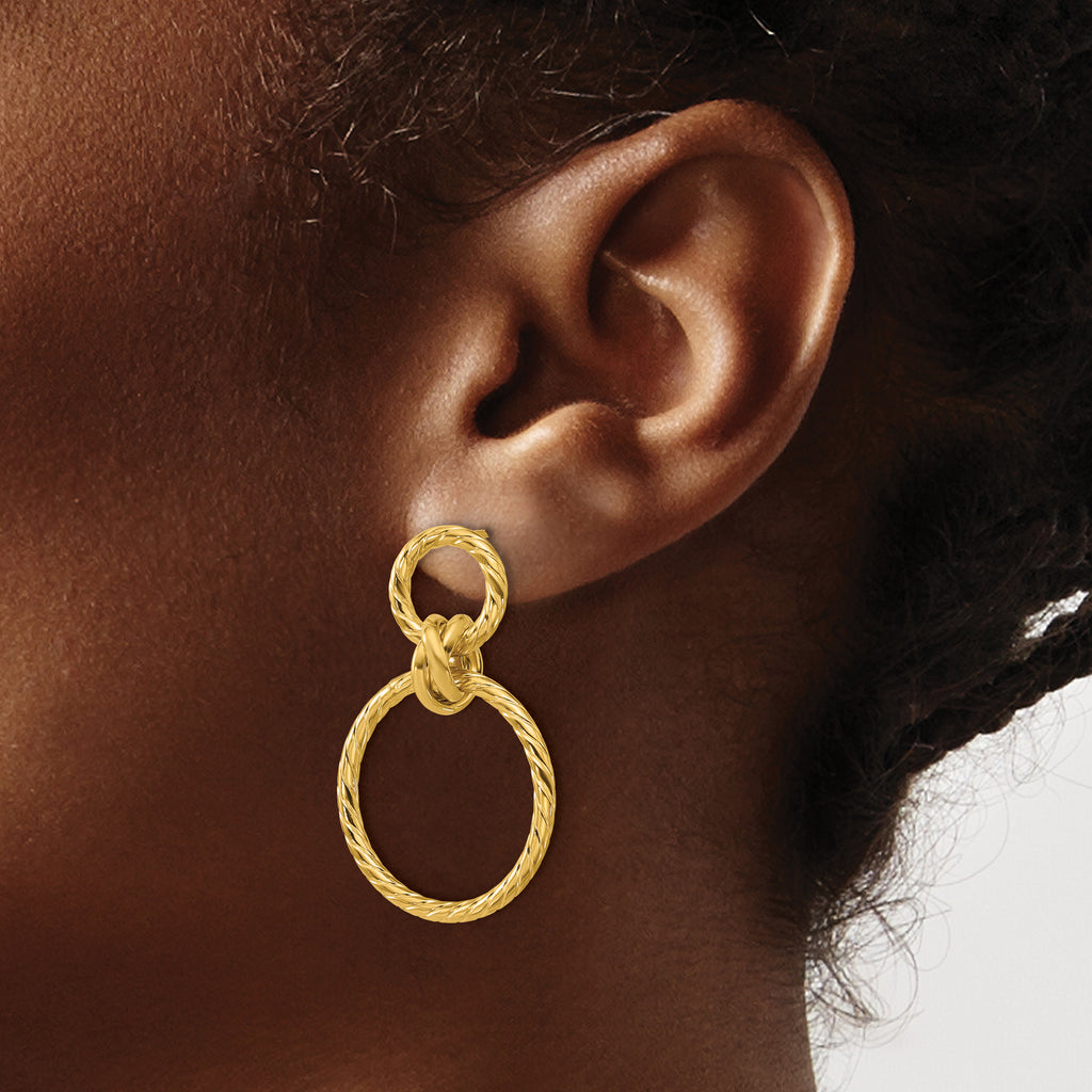 14K Polished and Twisted Circles Dangle Post Earrings