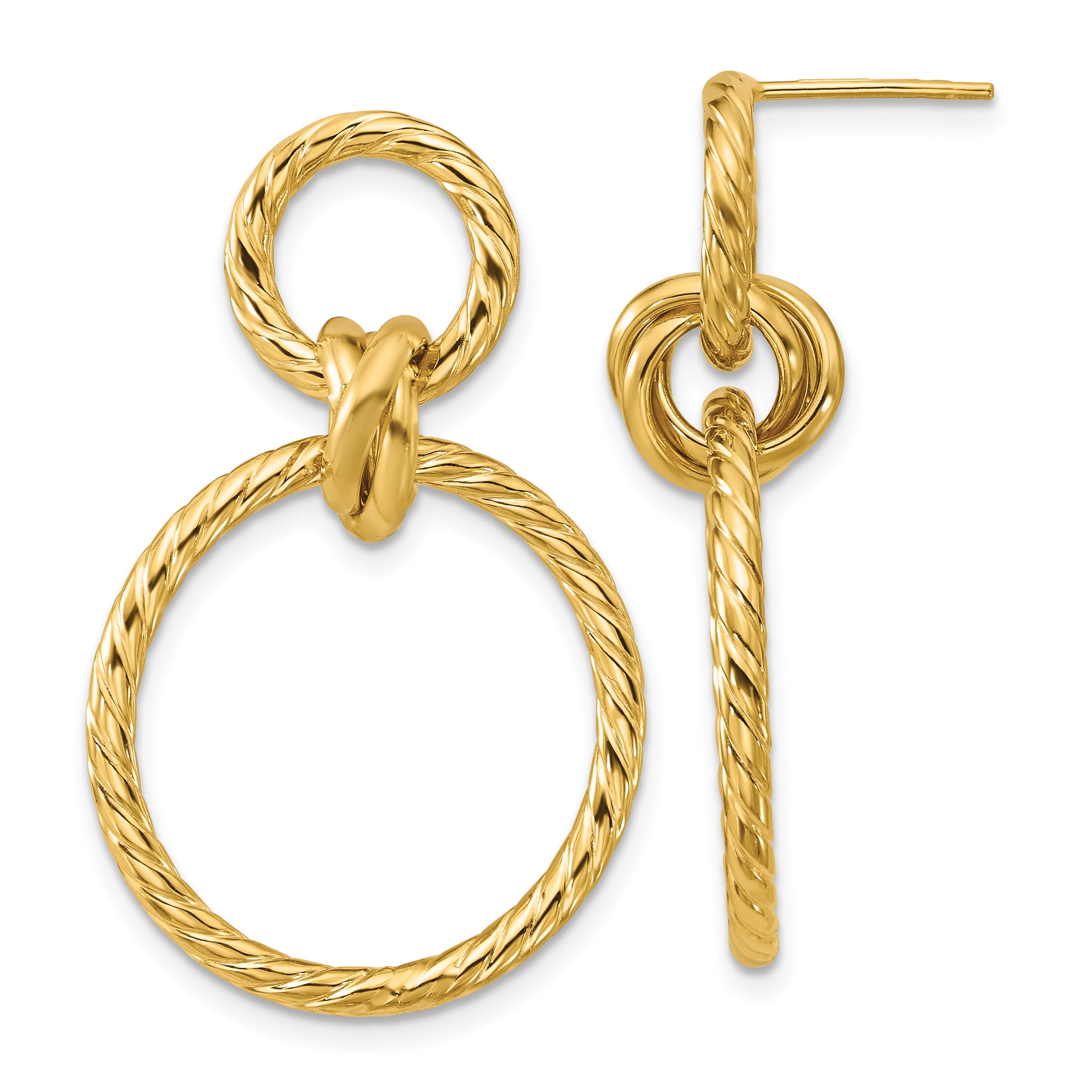14K Polished and Twisted Circles Dangle Post Earrings Main image