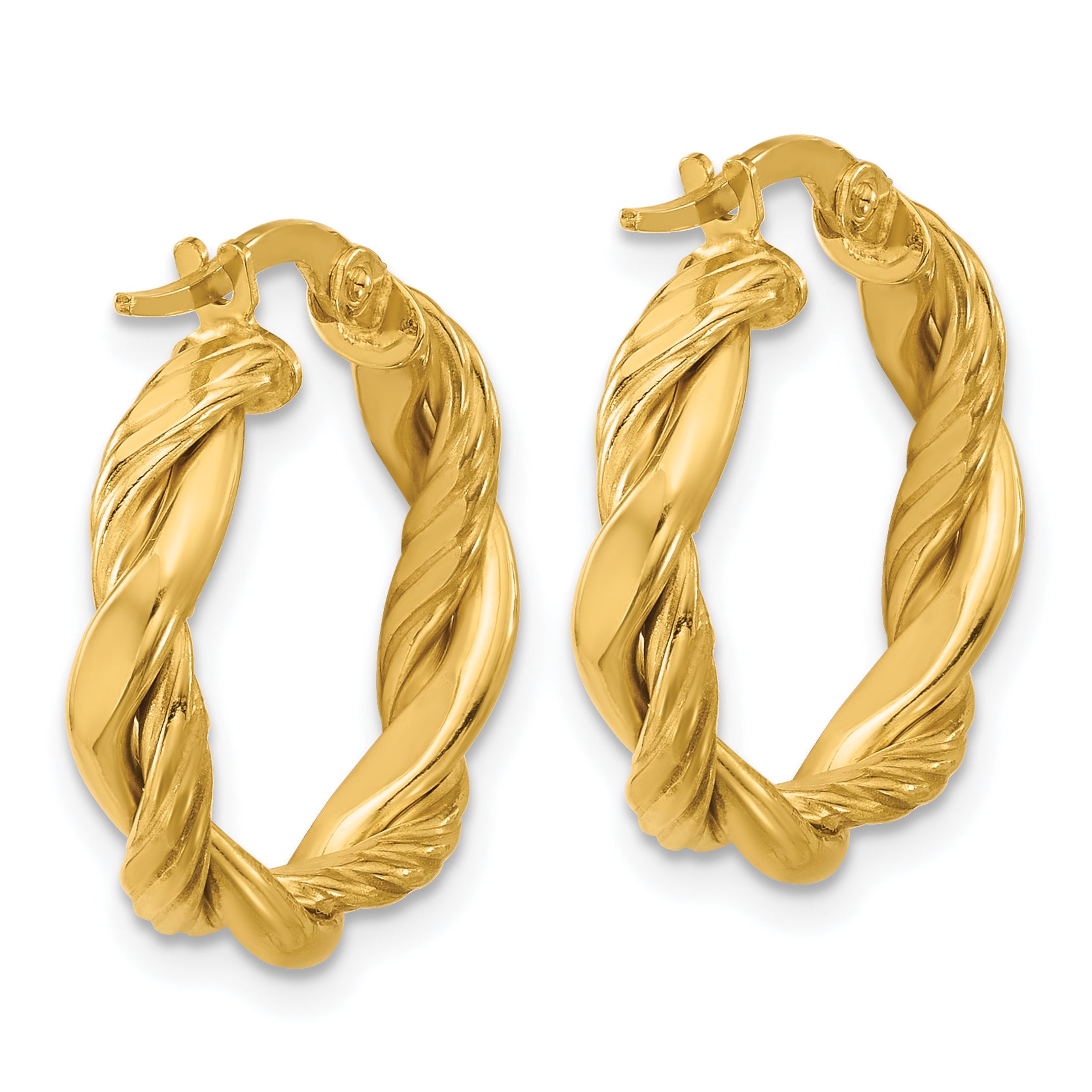 14K Polished and Twisted Round Hoop Earrings