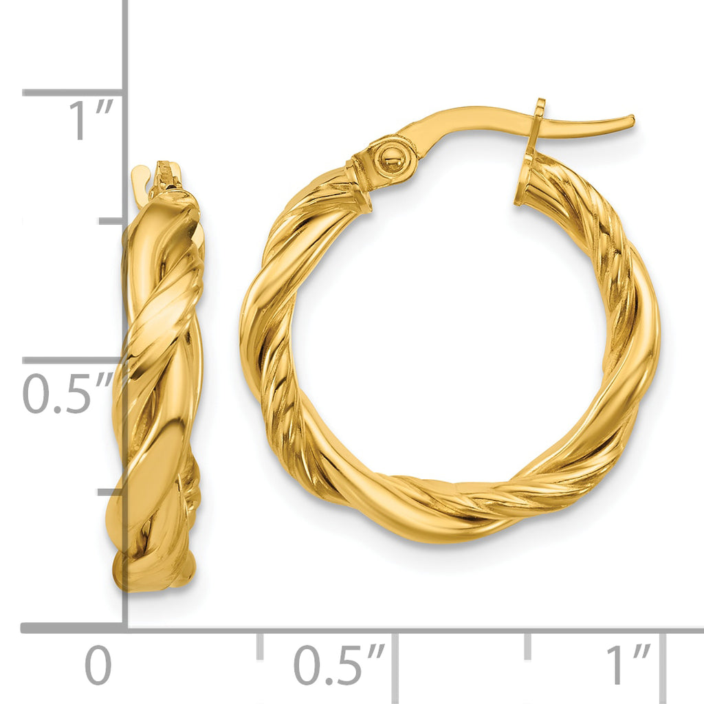 14K Polished and Twisted Round Hoop Earrings