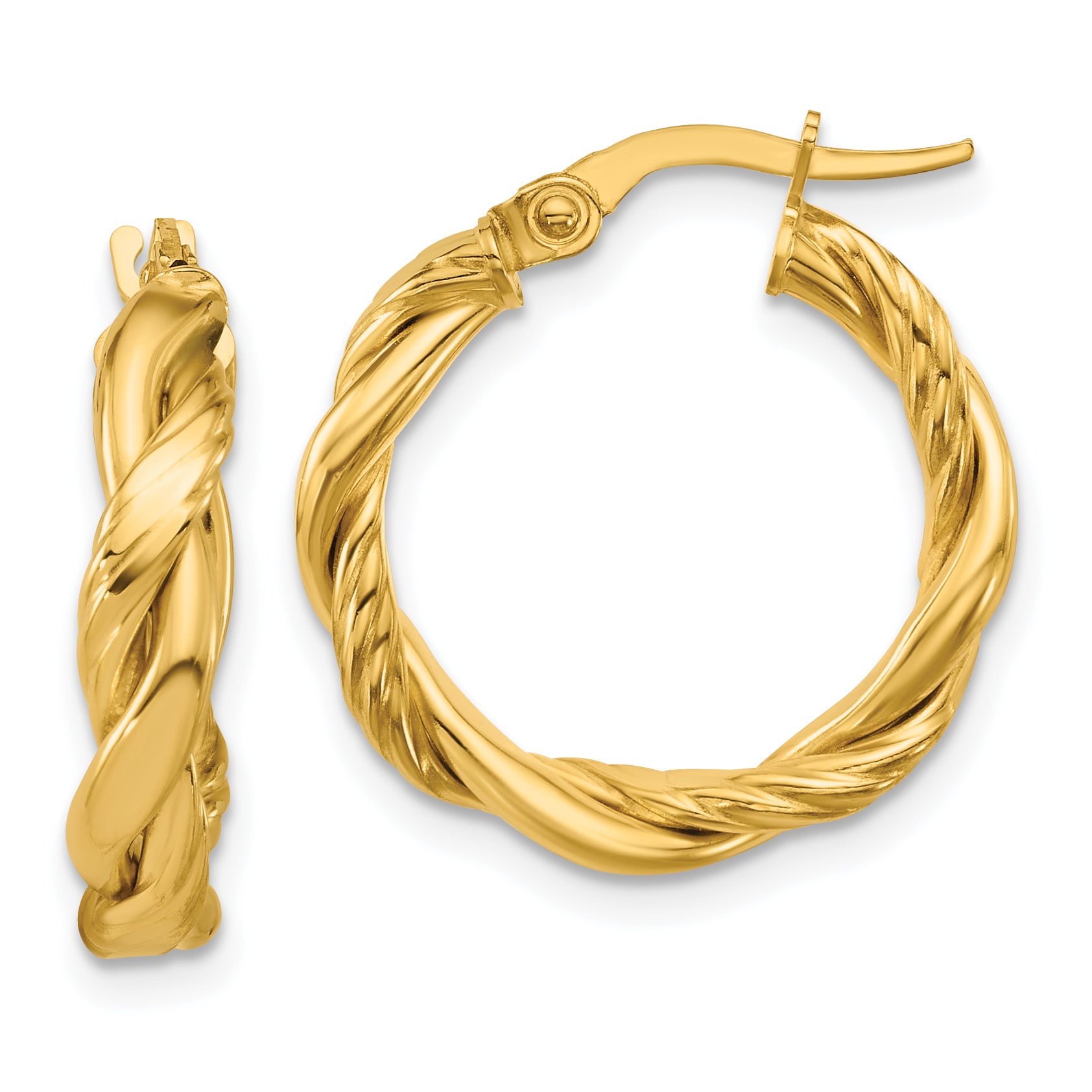 14K Polished and Twisted Round Hoop Earrings Main image