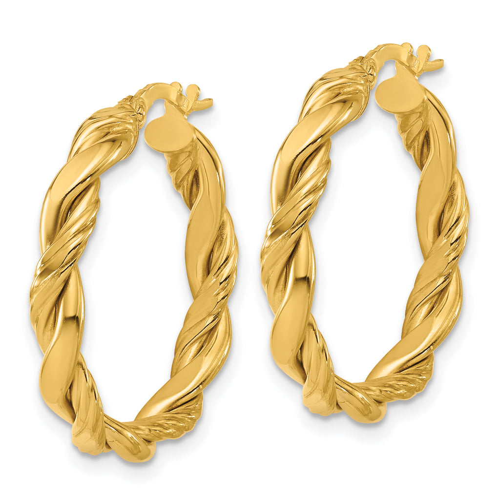14K Polished and Twisted Round Hoop Earrings