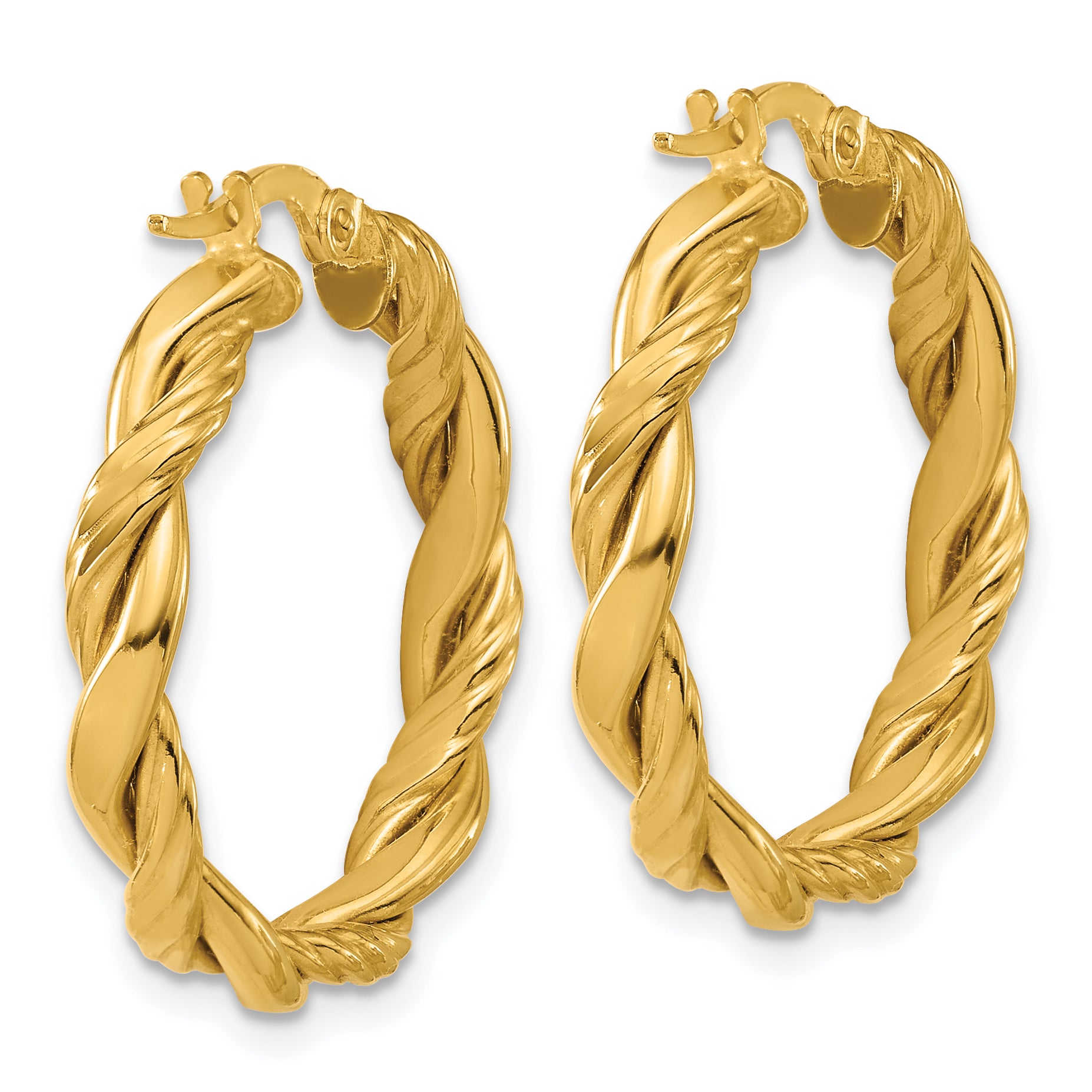 14K Polished and Twisted Round Hoop Earrings