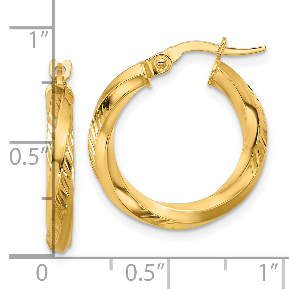 14K Polished and Diamond-cut Round Hoop Earrings