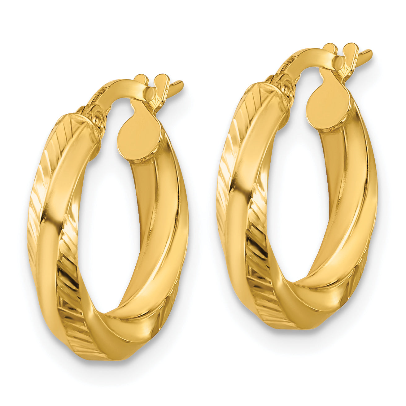 14K Polished and Diamond-cut Round Hoop Earrings Secondary image