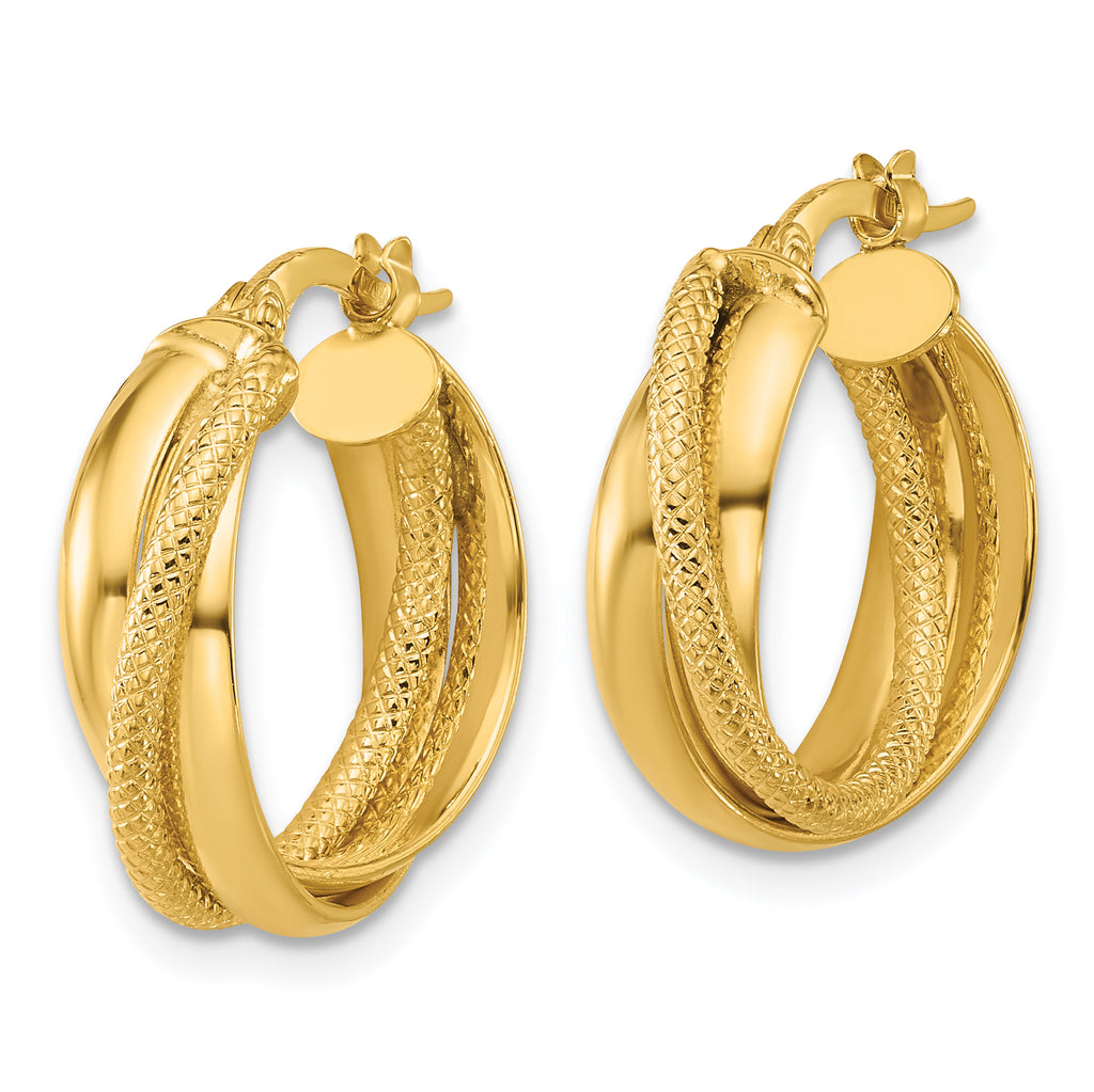 14K Polished and Textured Round Hoop Earrings