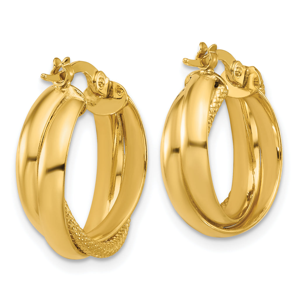 14K Polished and Textured Round Hoop Earrings