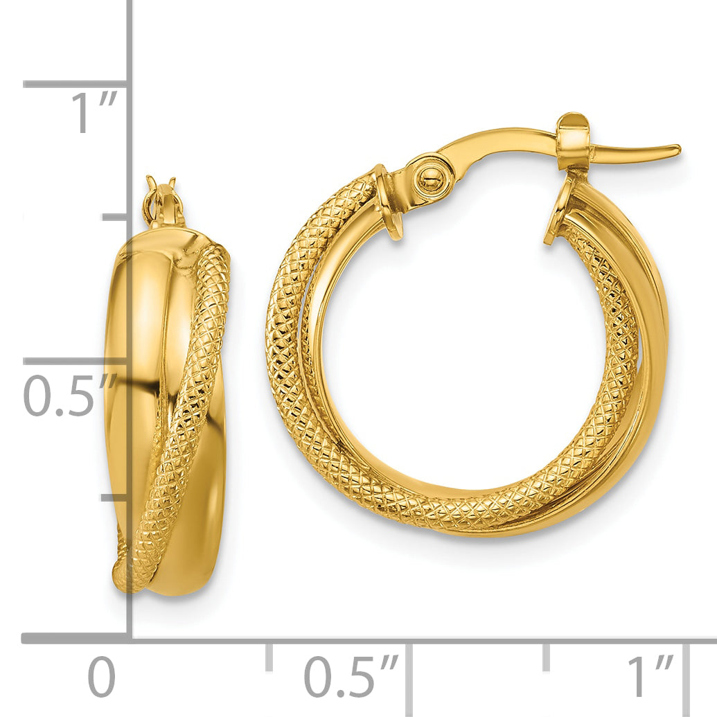 14K Polished and Textured Round Hoop Earrings