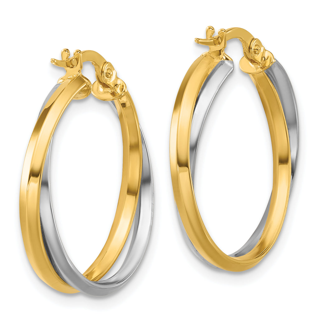 14K with Rhodium Polished Twist Round Hoop Earrings