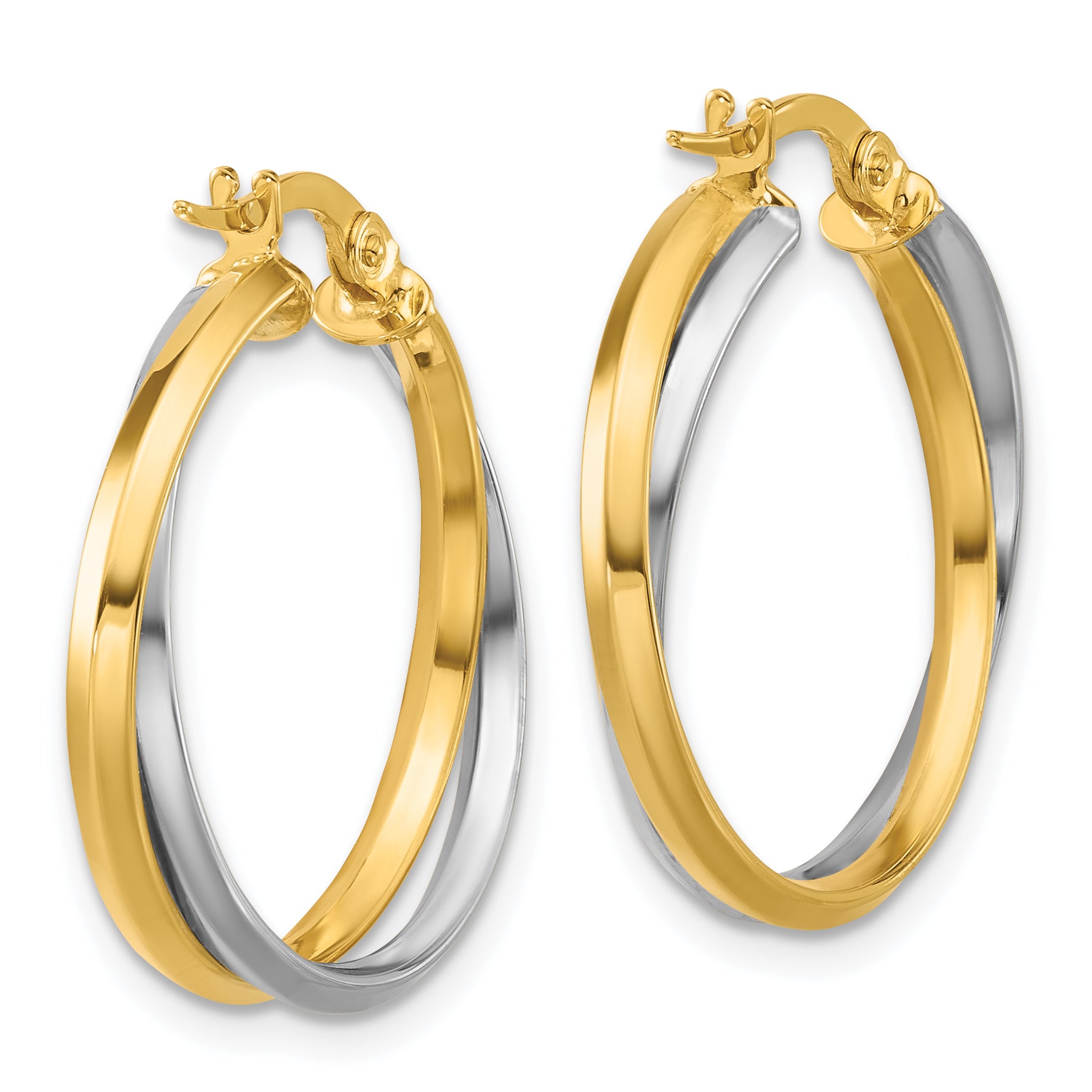 14K with Rhodium Polished Twist Round Hoop Earrings
