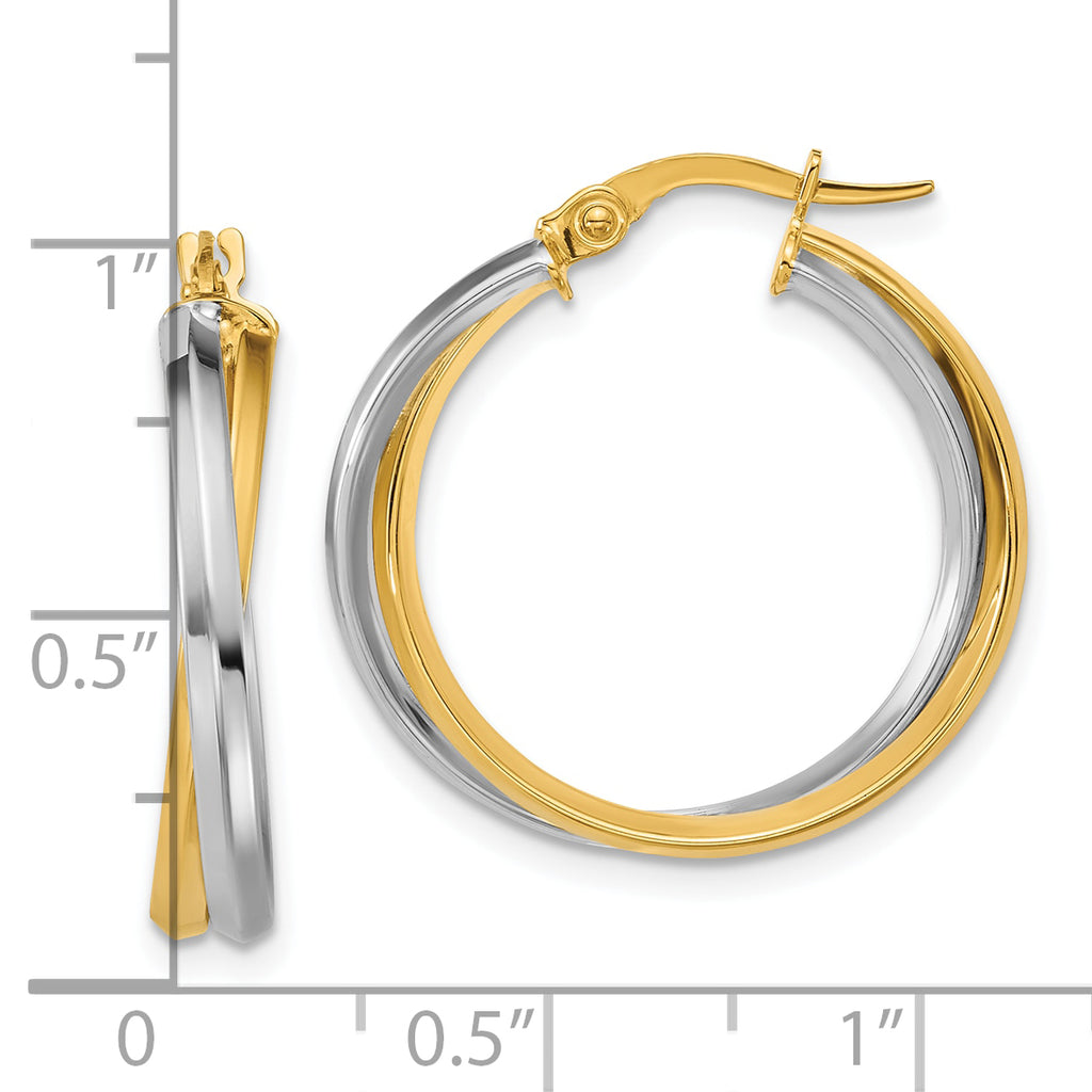 14K with Rhodium Polished Twist Round Hoop Earrings