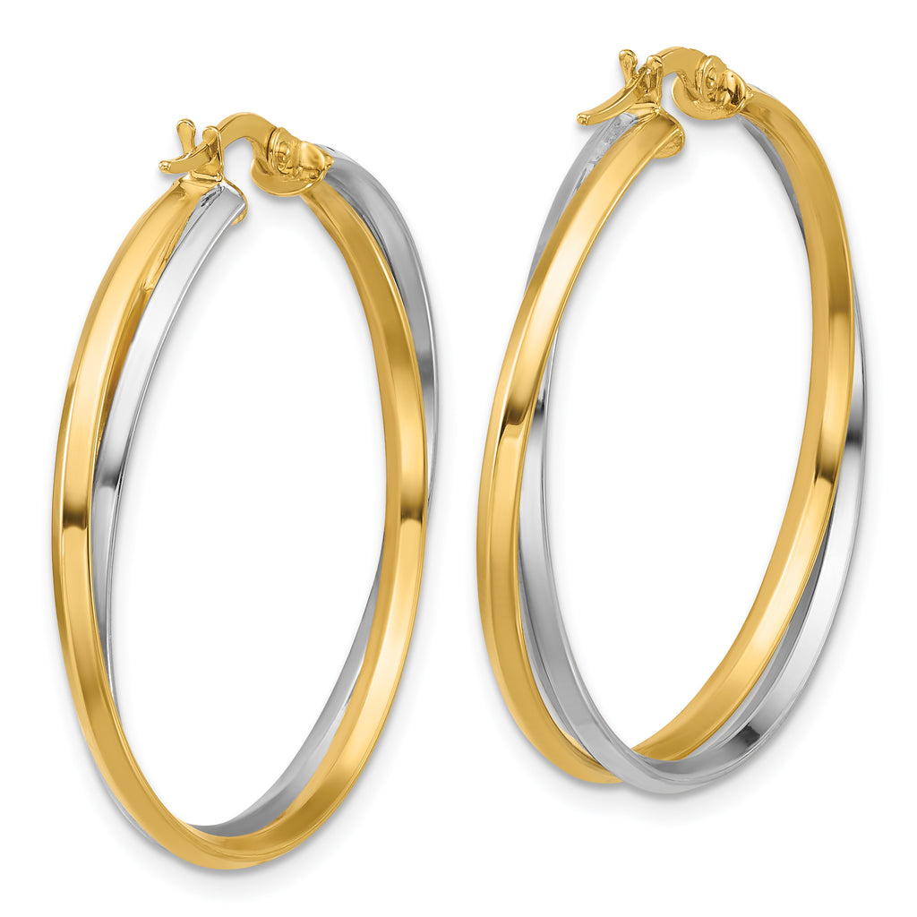14K with Rhodium Polished Twist Round Hoop Earrings