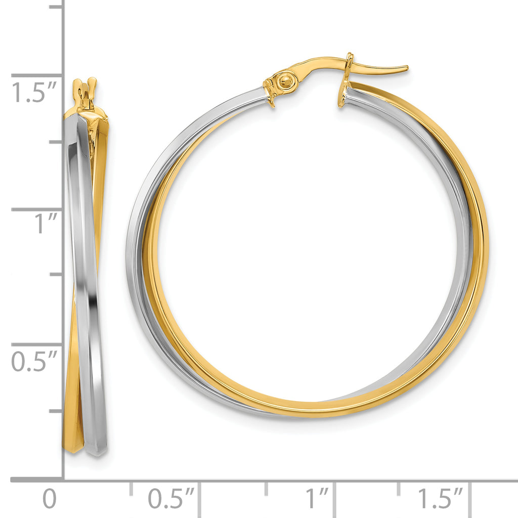 14K with Rhodium Polished Twist Round Hoop Earrings