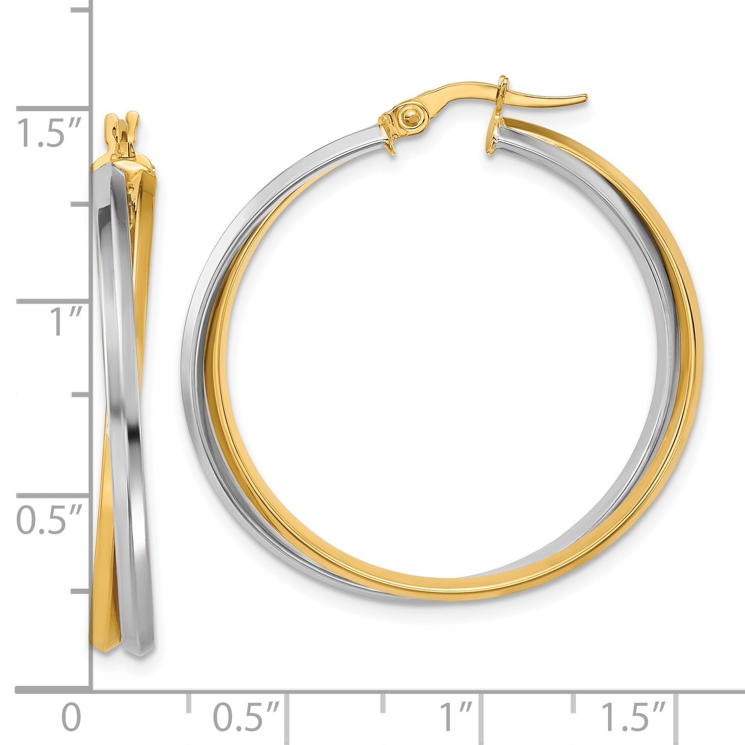 14K with Rhodium Polished Twist Round Hoop Earrings