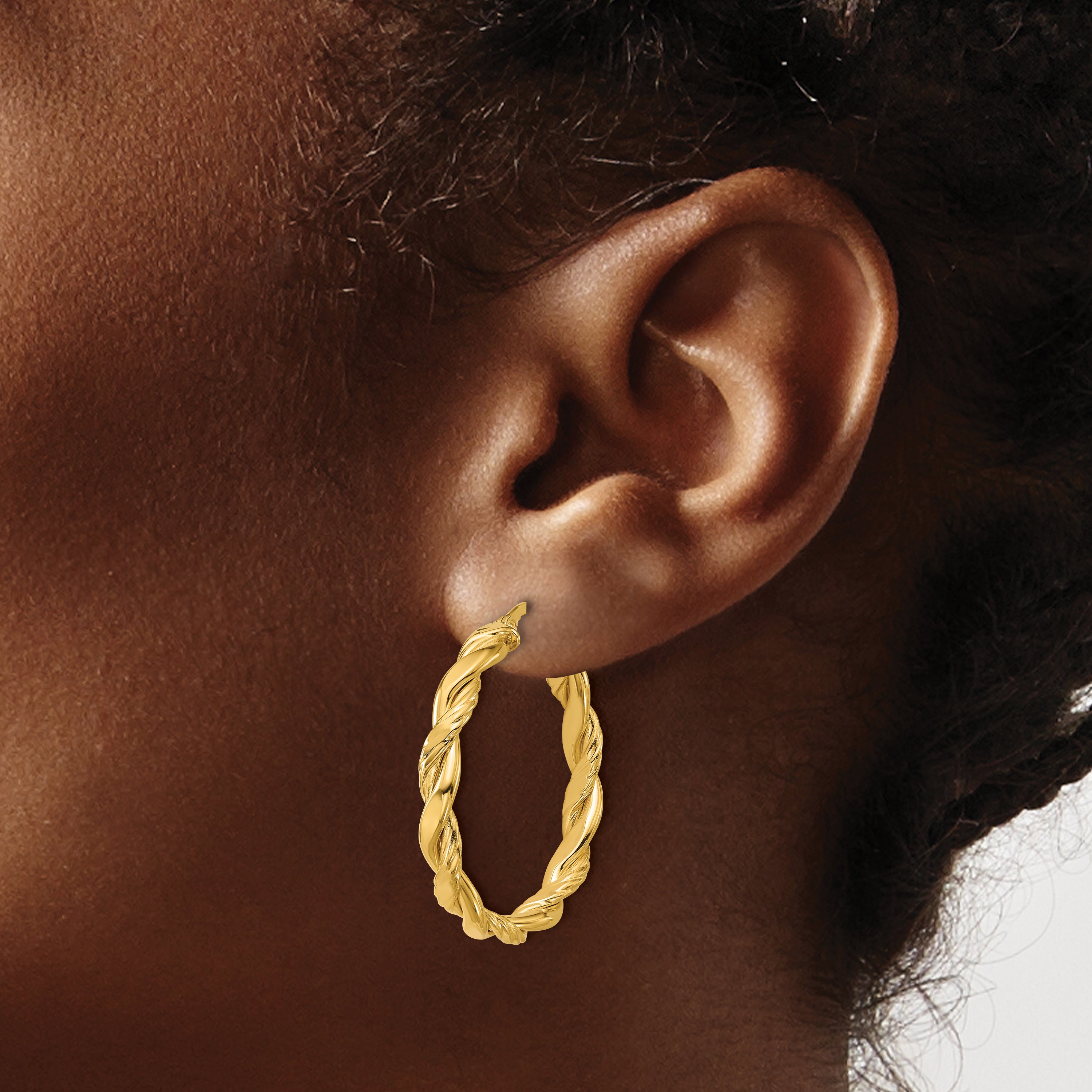 14K Polished and Twisted Round Hoop Earrings