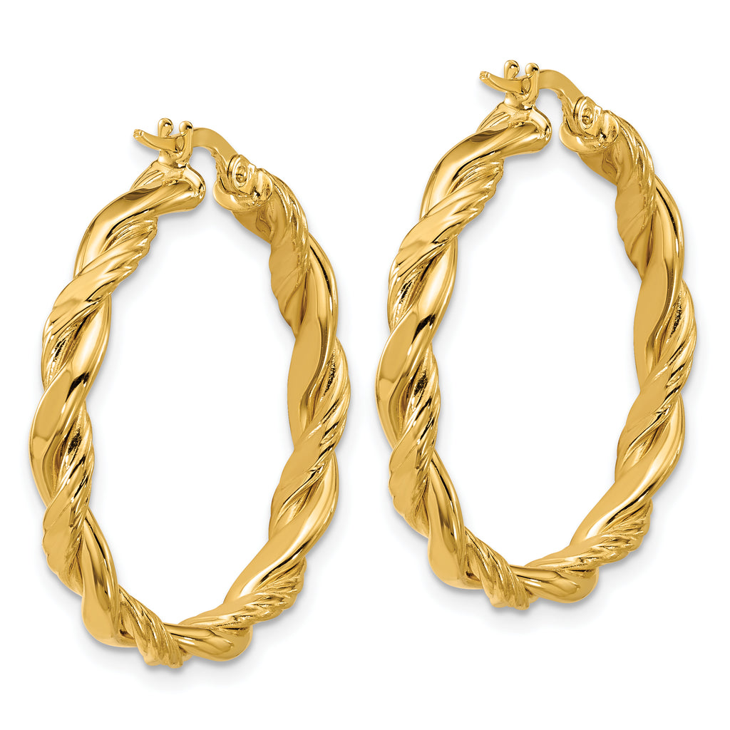 14K Polished and Twisted Round Hoop Earrings