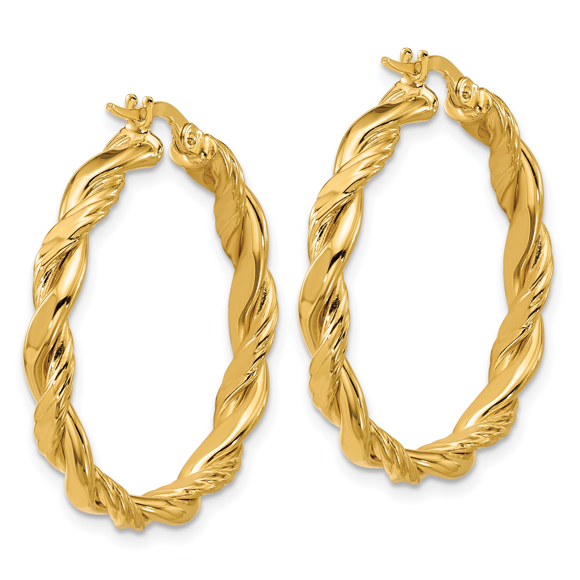 14K Polished and Twisted Round Hoop Earrings